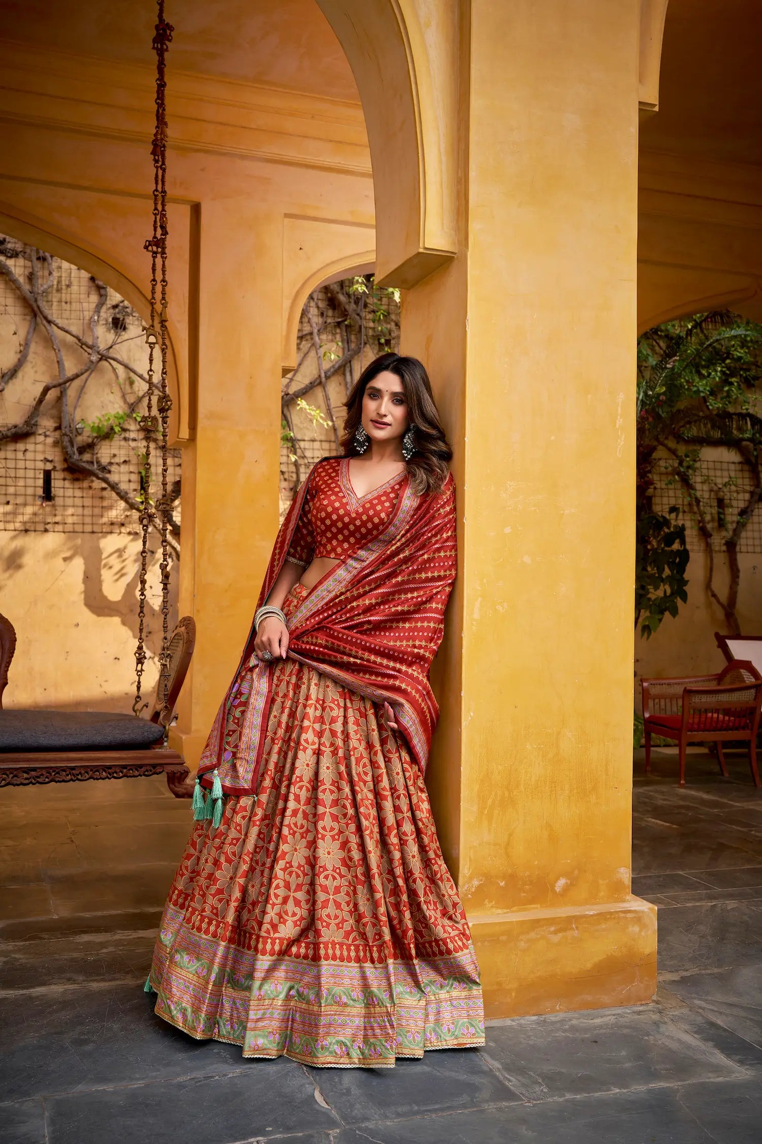 Rust Orange Tasar Silk Lehenga Choli With Saprkle Details