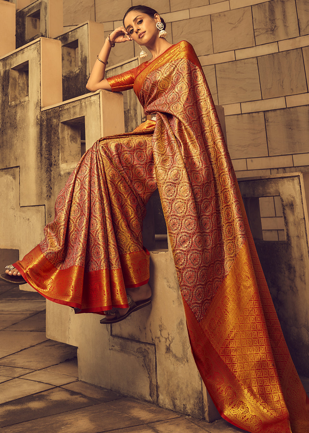 Shades Of Orange Zari Woven Banarasi Silk Saree - qivii