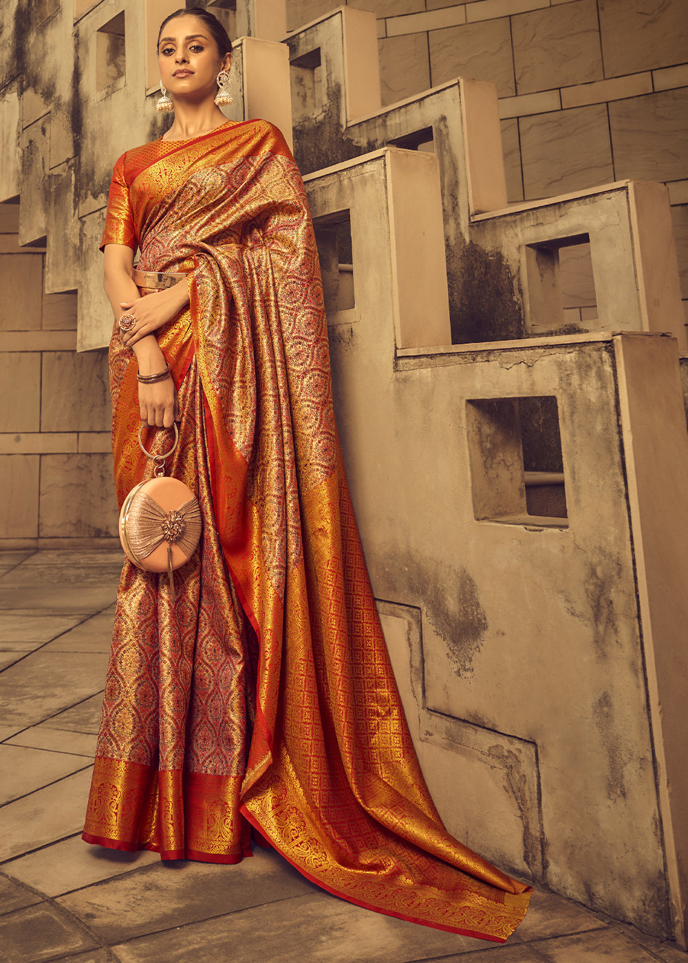 Shades Of Orange Zari Woven Banarasi Silk Saree - qivii