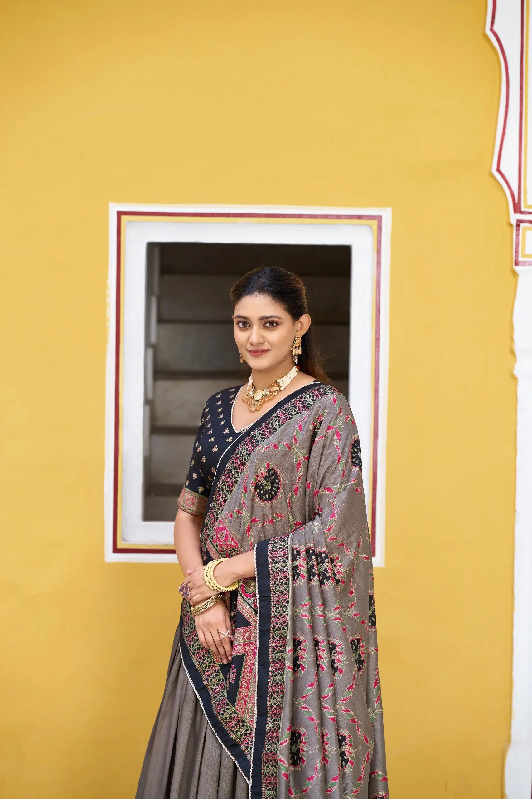 Black Tasar Silk Printed Lehenga Choli