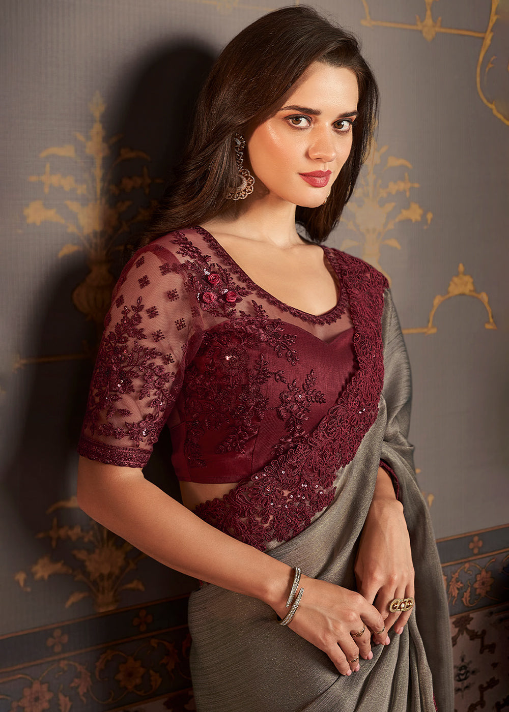 Ash Grey Designer Embroidered Silk Saree - qivii