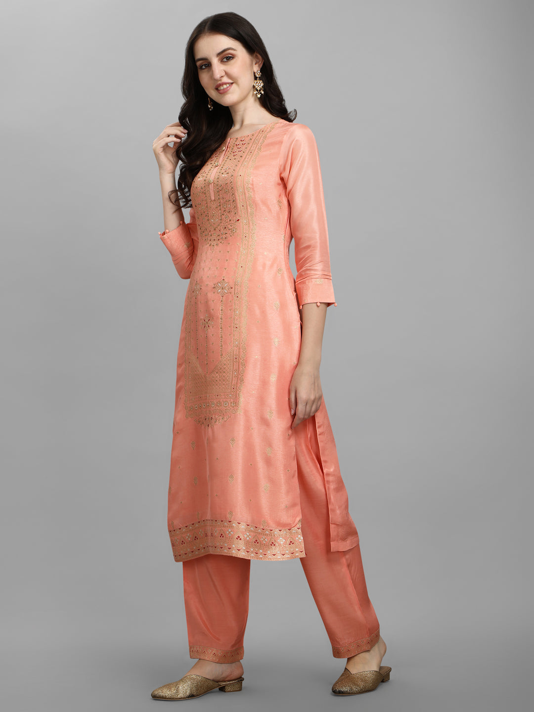 Peach Jacquard Bandhani Kurta