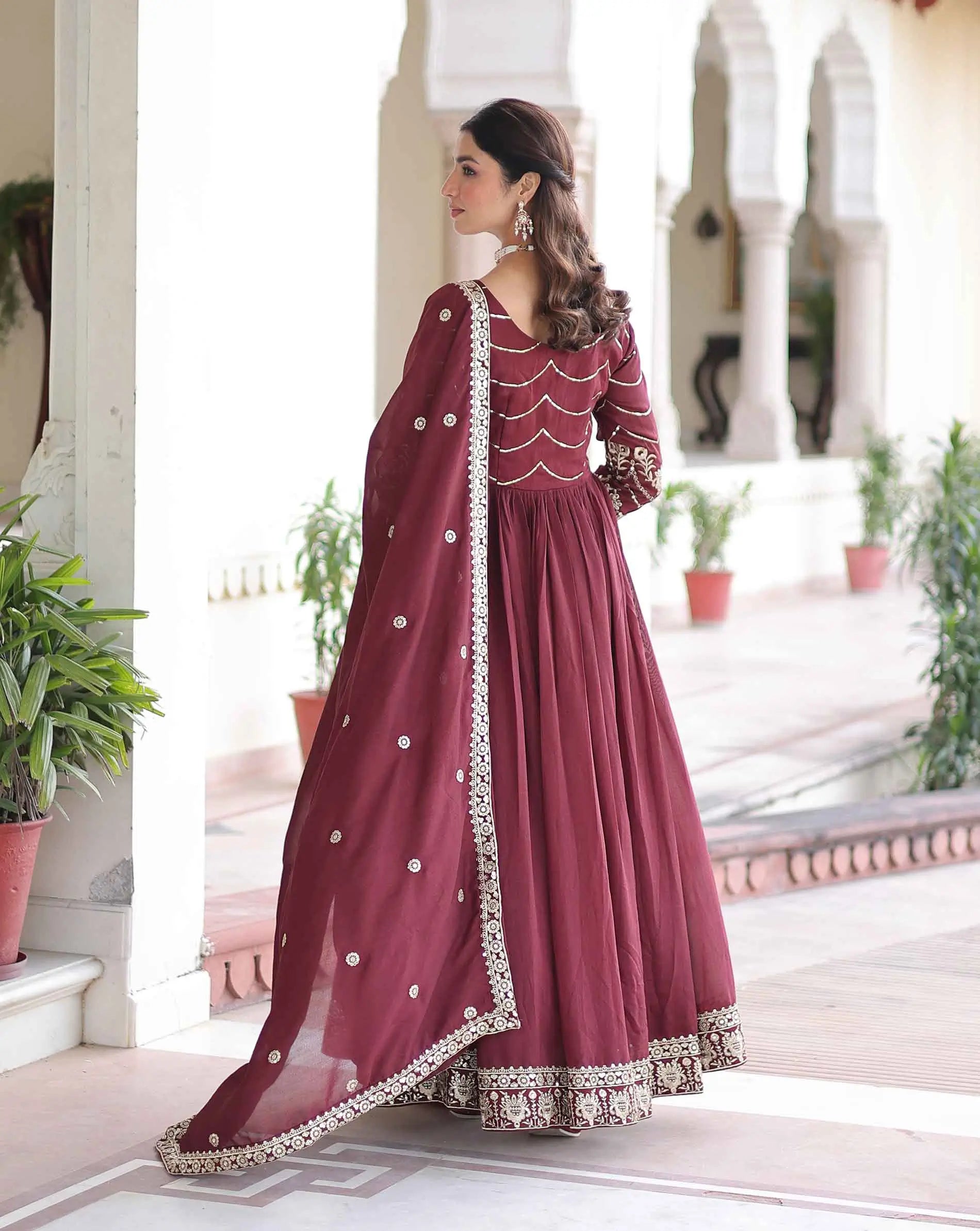 Maroon Sequins Embroidery Work Silk Gown