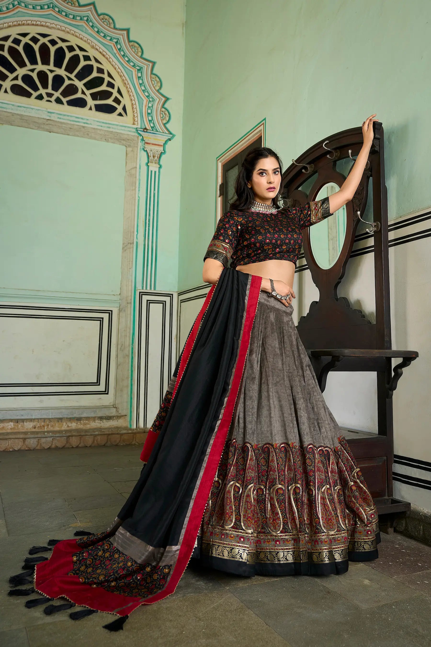 Grey Tussar Silk Lehenga Choli with Kashmiri Print & Foil Work | Ready To Wear - qivii