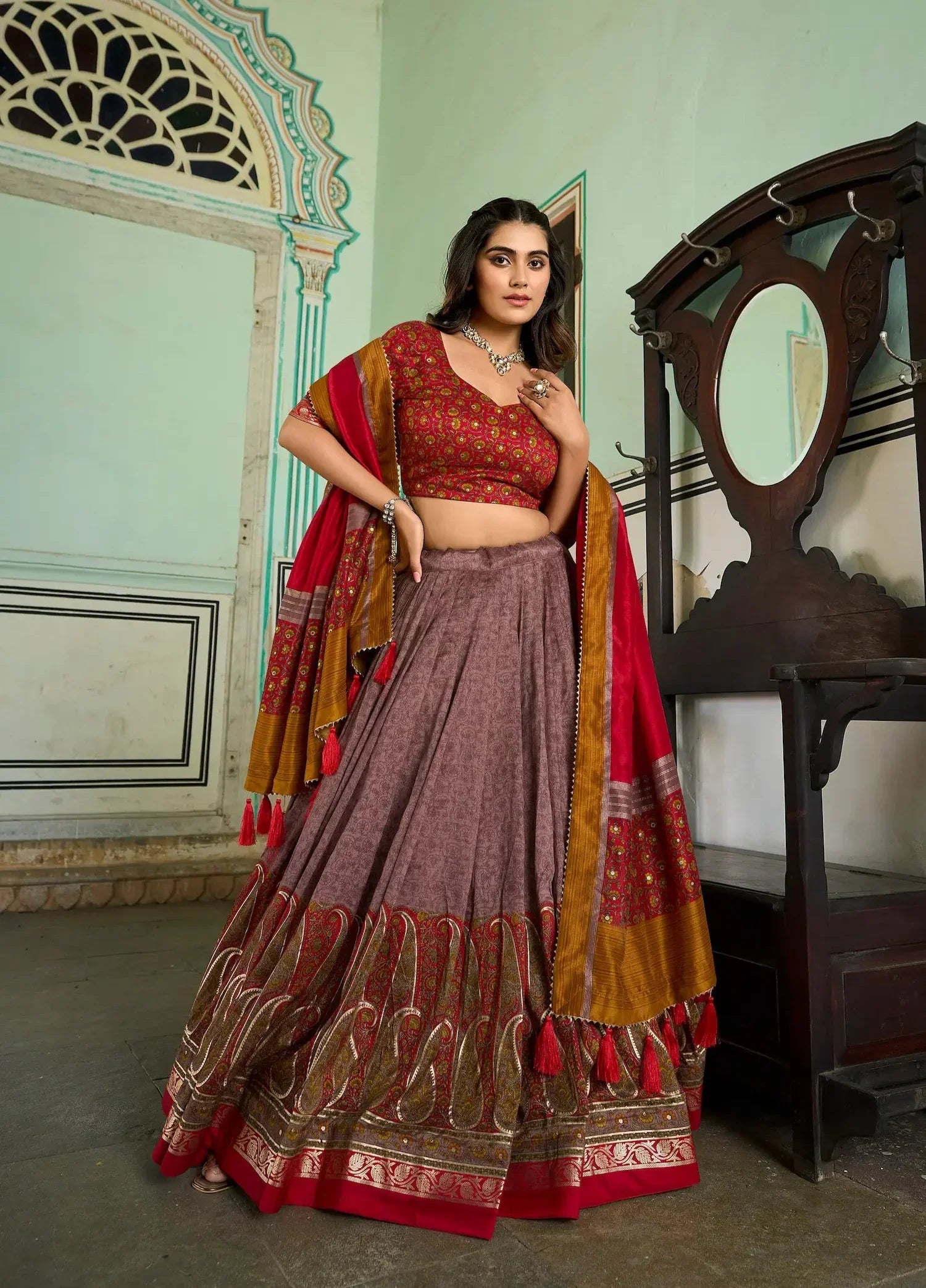 Onion Pink Tussar Silk Lehenga Choli with Kashmiri Print & Foil Work | Ready To Wear - qivii