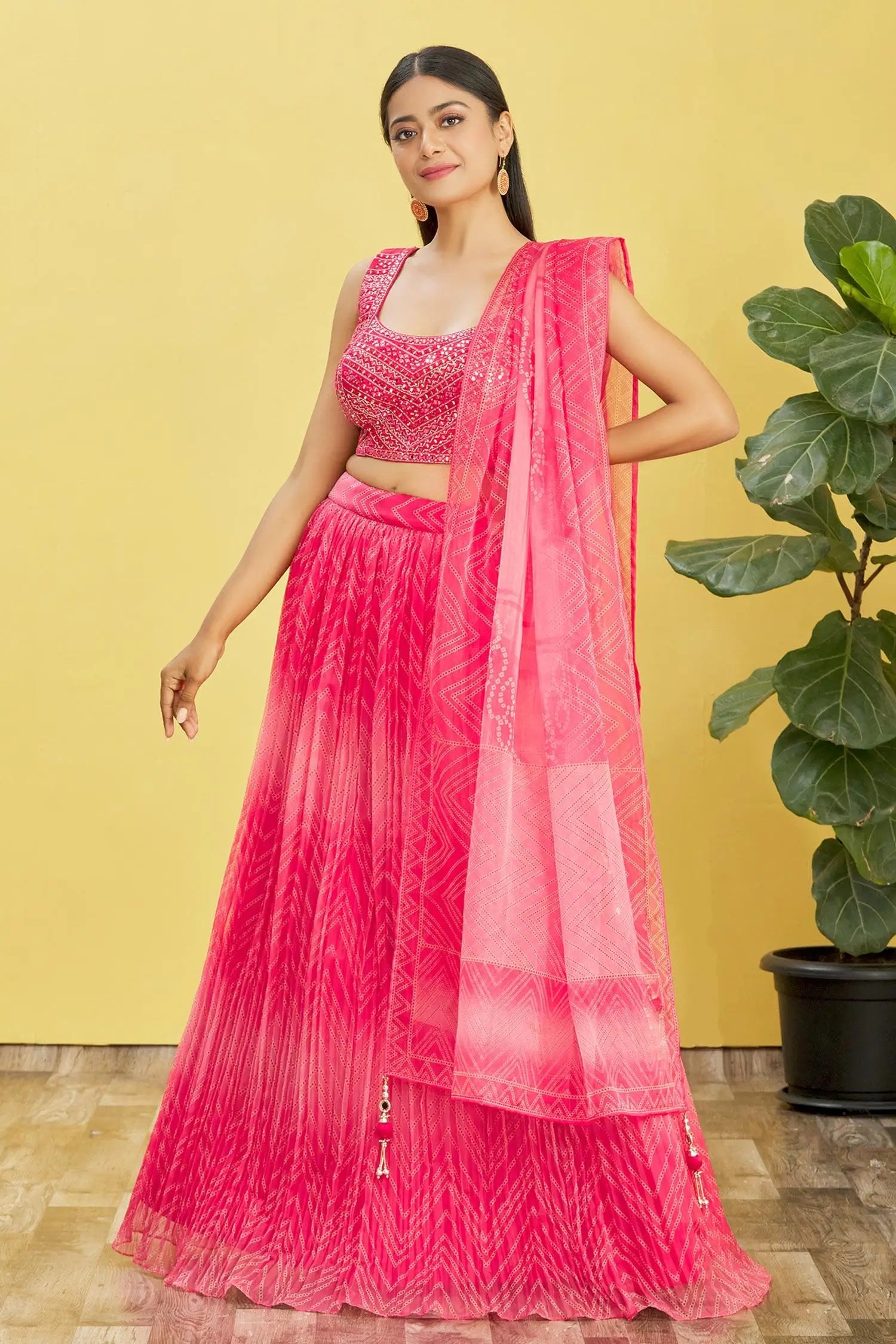Red Pink Lehenga With Digital Print And Sequins Embroidery With Real Mirror Work | Ready To Wear - qivii