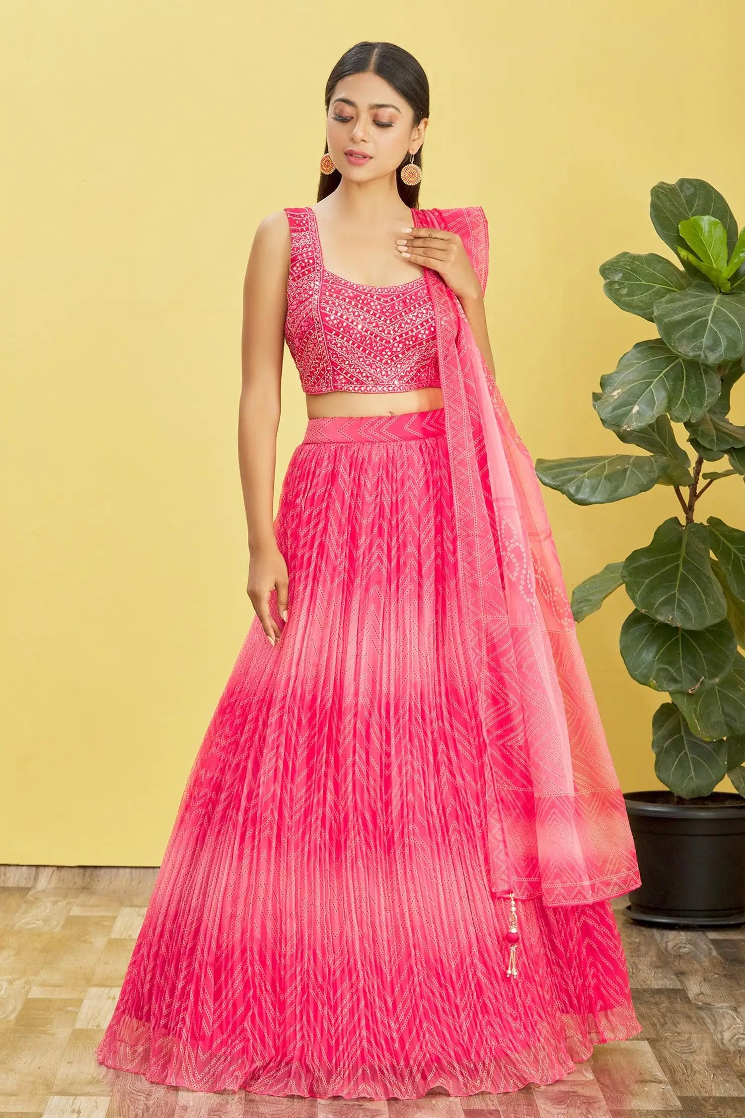 Red Pink Lehenga With Digital Print And Sequins Embroidery With Real Mirror Work | Ready To Wear - qivii