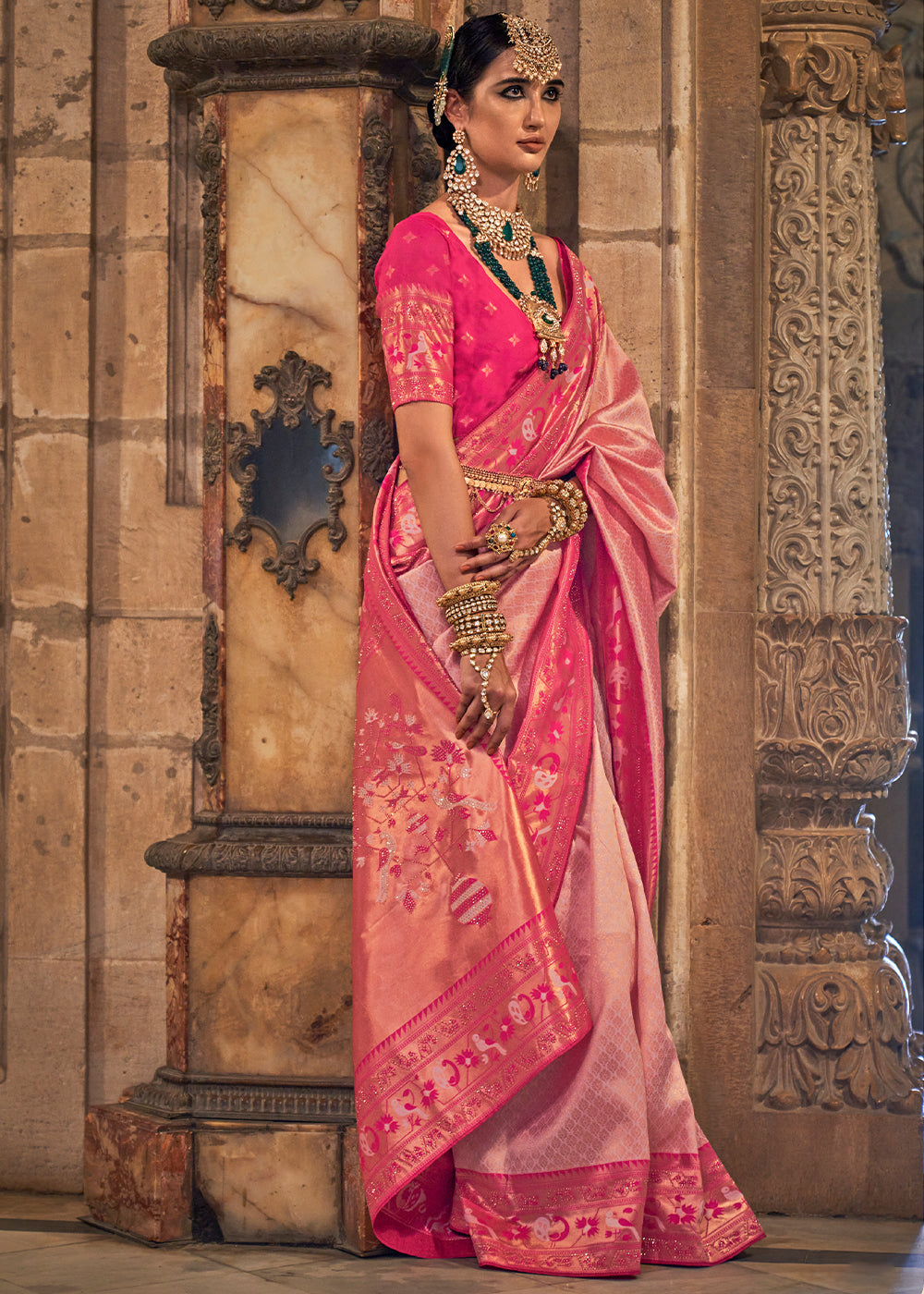 Shades Of Pink Jacquard Woven Banarasi Silk Saree with Stone Work - qivii
