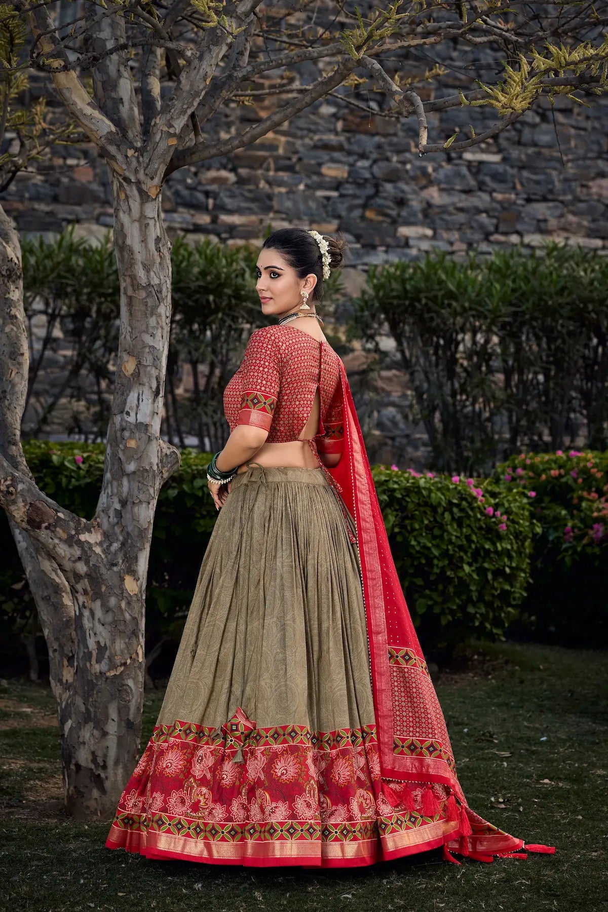 Olive Green Tussar Silk Floral Printed Lehenga Choli | Ready To Wear - qivii