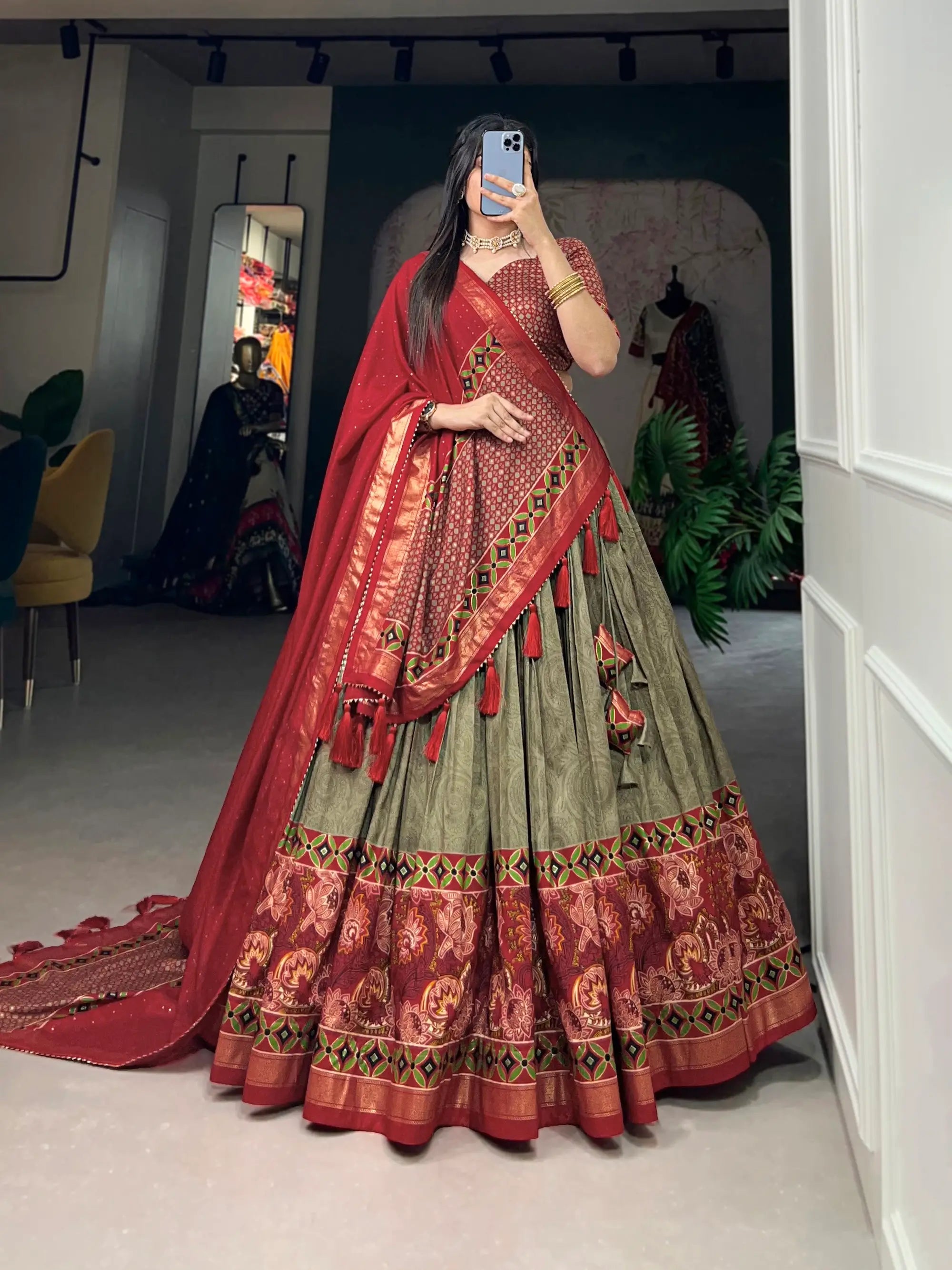 Olive Green Tussar Silk Floral Printed Lehenga Choli | Ready To Wear - qivii