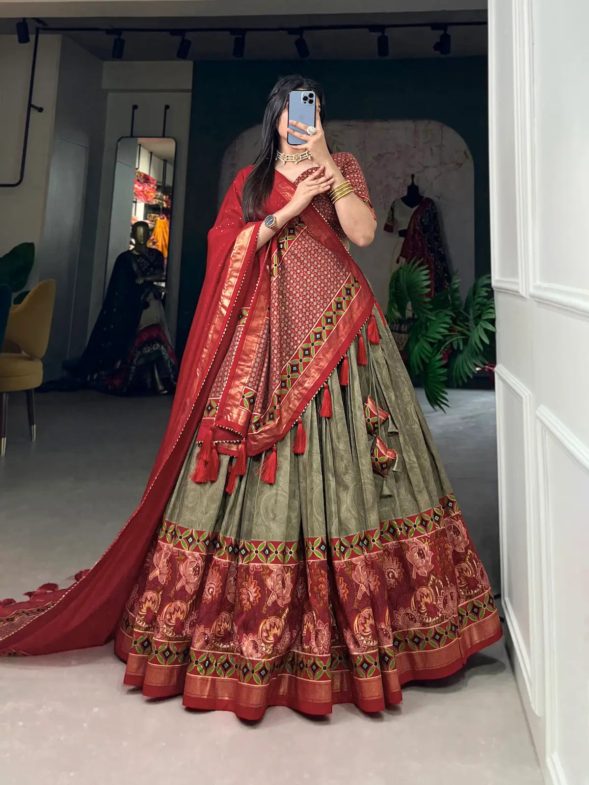 Olive Green Tussar Silk Floral Printed Lehenga Choli | Ready To Wear - qivii