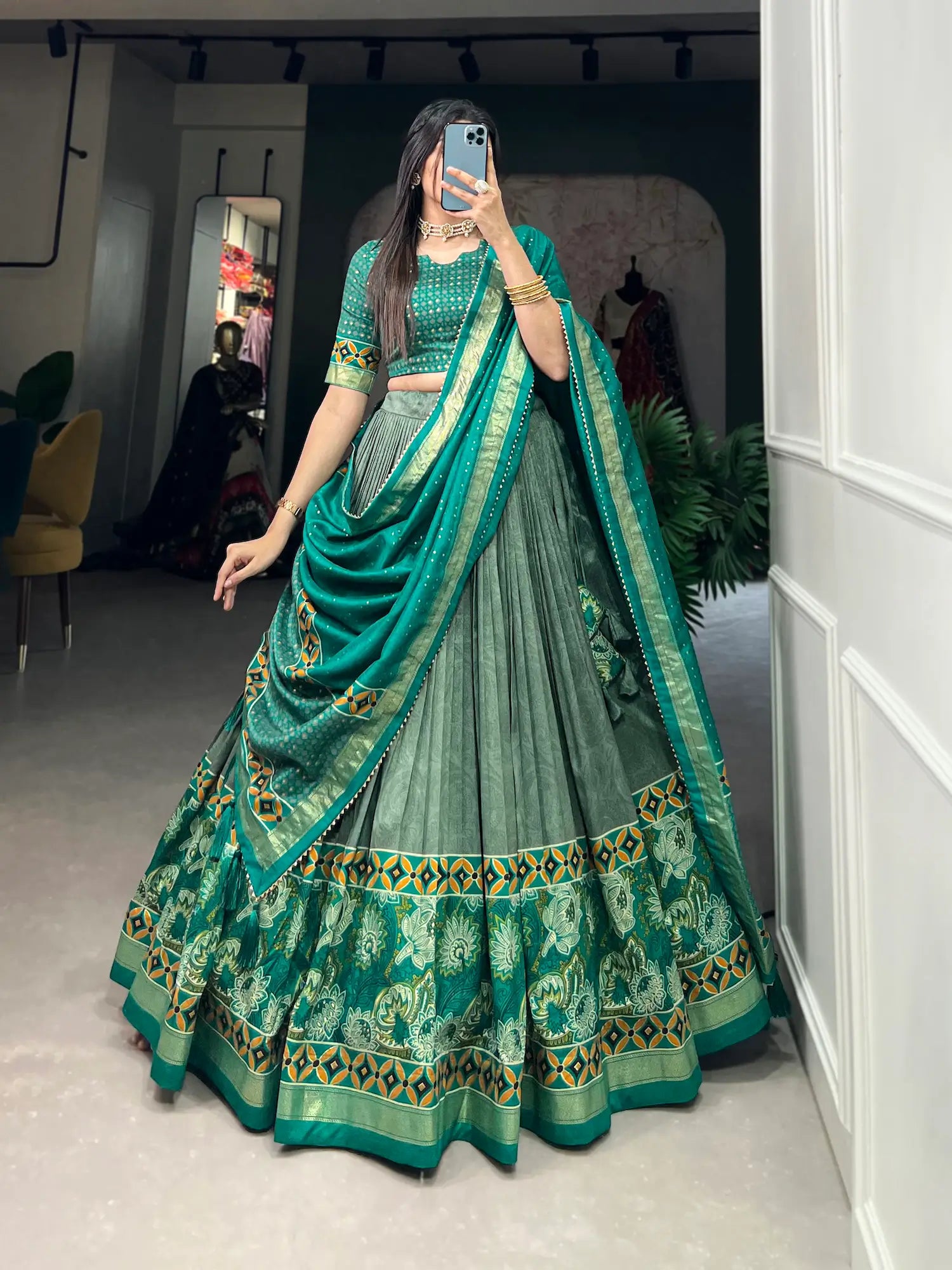 Sea Green Tussar Silk Floral Printed Lehenga Choli | Ready To Wear - qivii