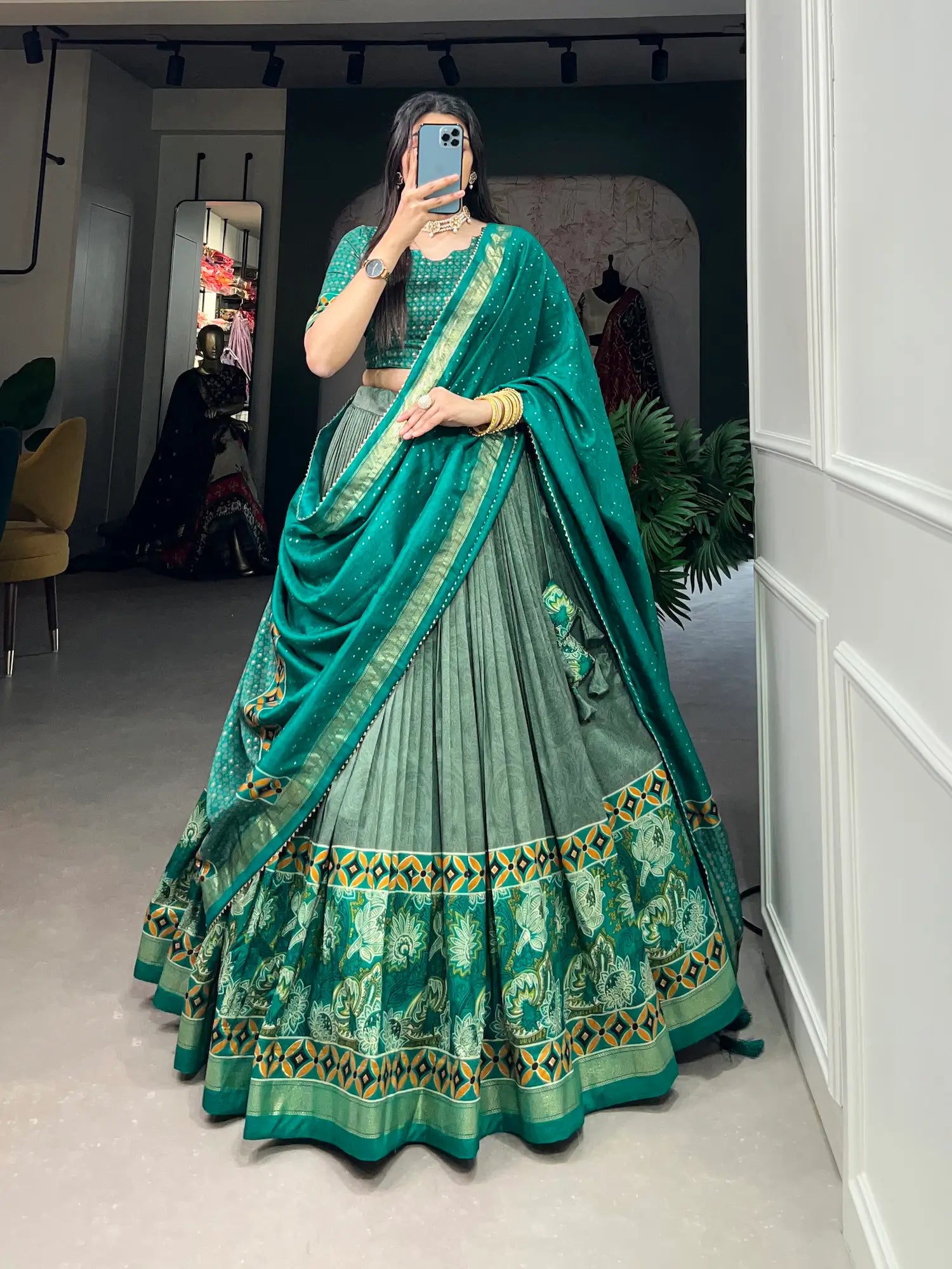 Sea Green Tussar Silk Floral Printed Lehenga Choli | Ready To Wear - qivii