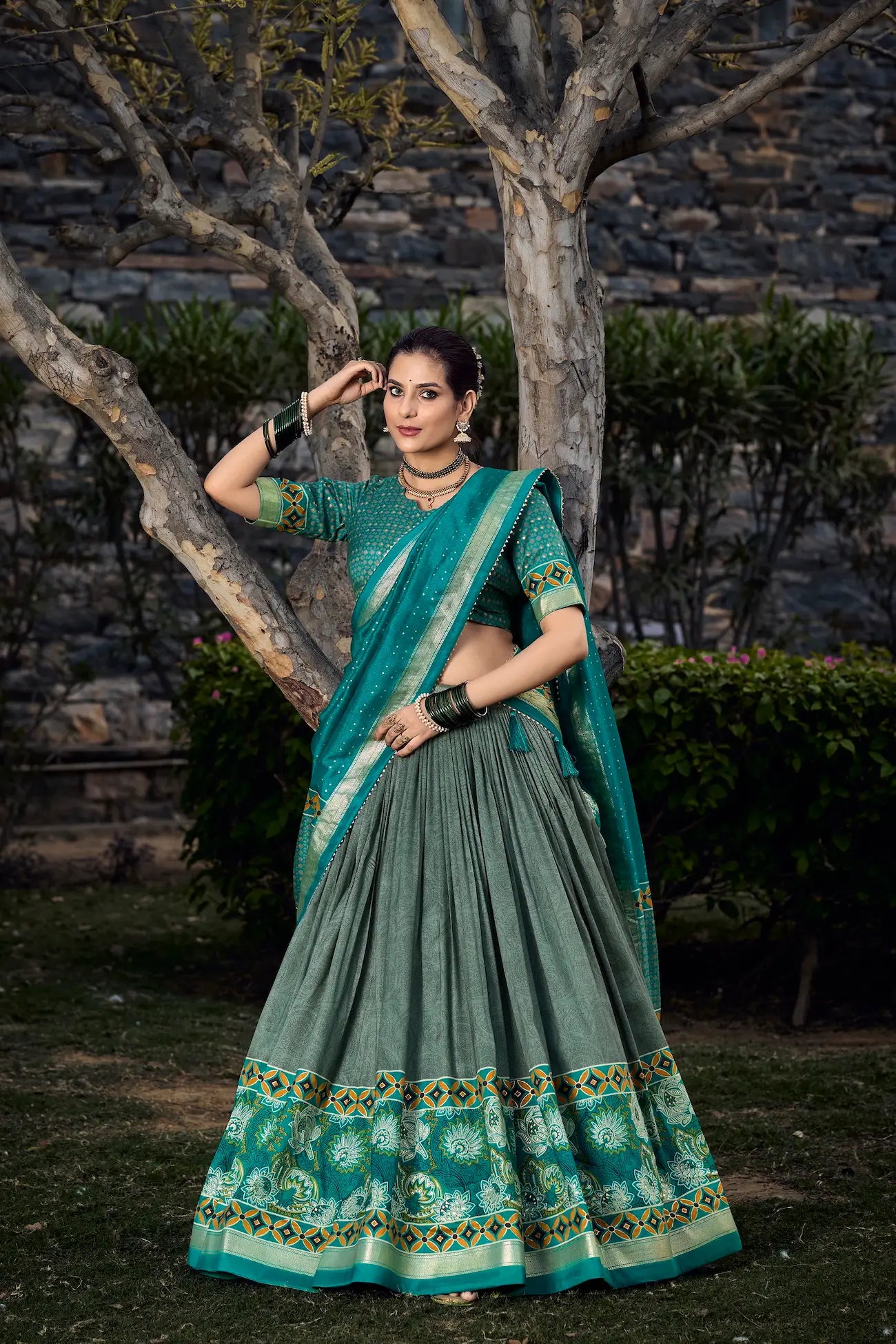 Sea Green Tussar Silk Floral Printed Lehenga Choli | Ready To Wear - qivii