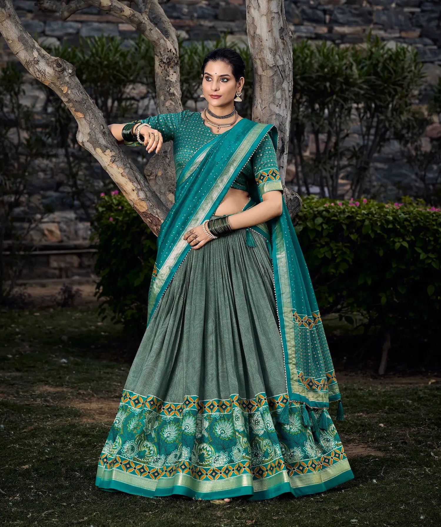 Sea Green Tussar Silk Floral Printed Lehenga Choli | Ready To Wear - qivii