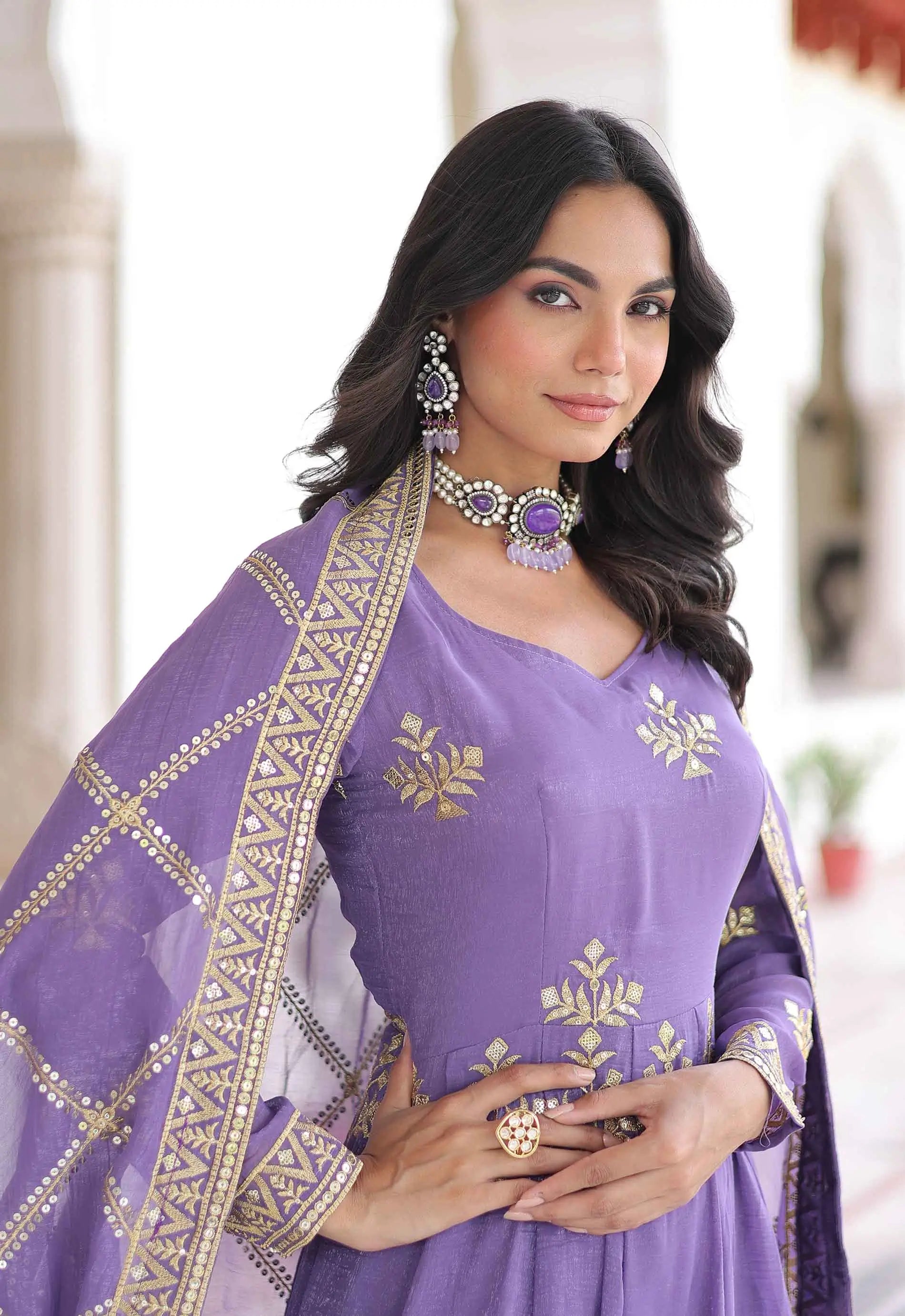 Lavender Sequins Embroidery Work Gown & Palazzo