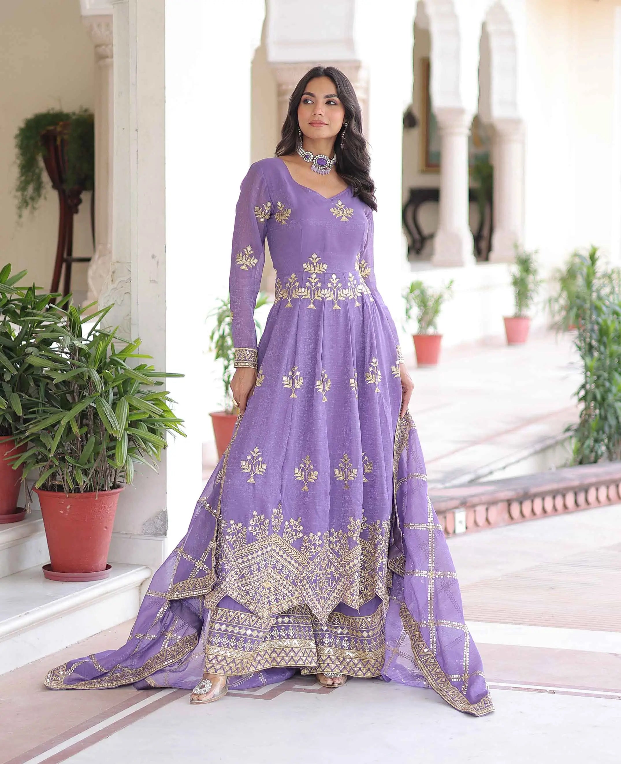 Lavender Sequins Embroidery Work Gown & Palazzo