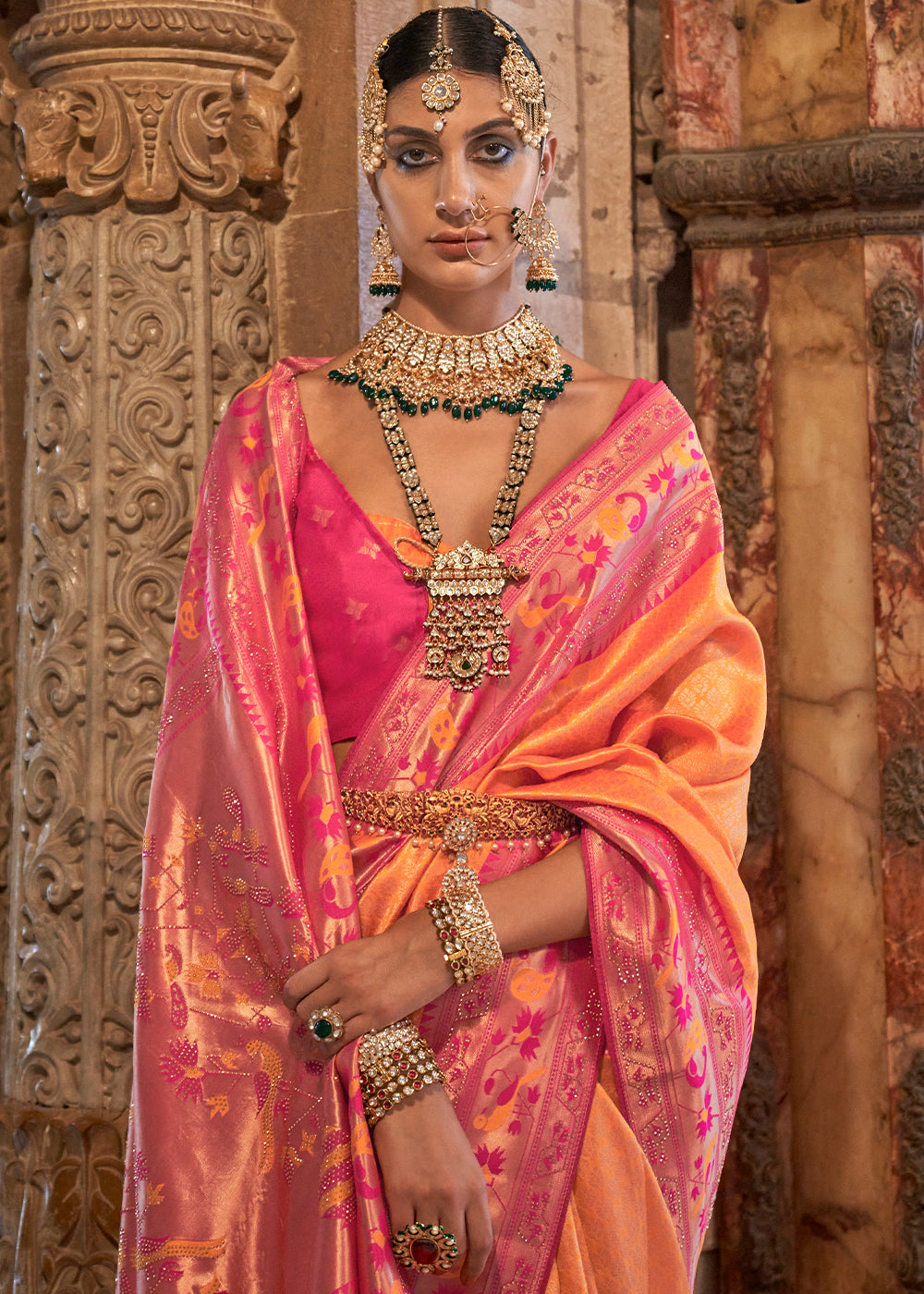 Orange & Pink Jacquard Woven Banarasi Silk Saree with Stone Work - qivii