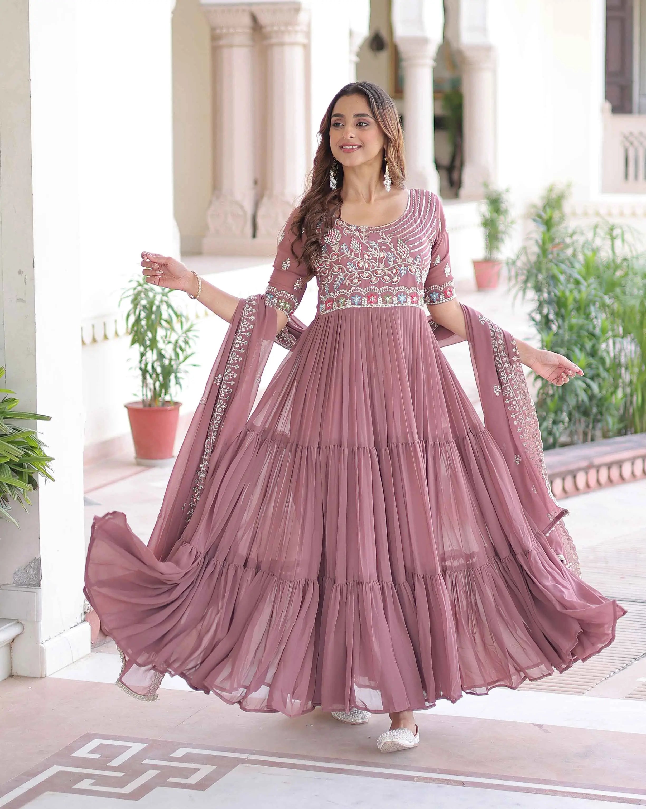 Dark Mauve Beads Embroidery Work Gown