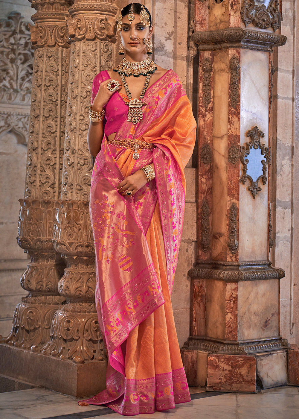 Orange & Pink Jacquard Woven Banarasi Silk Saree with Stone Work - qivii