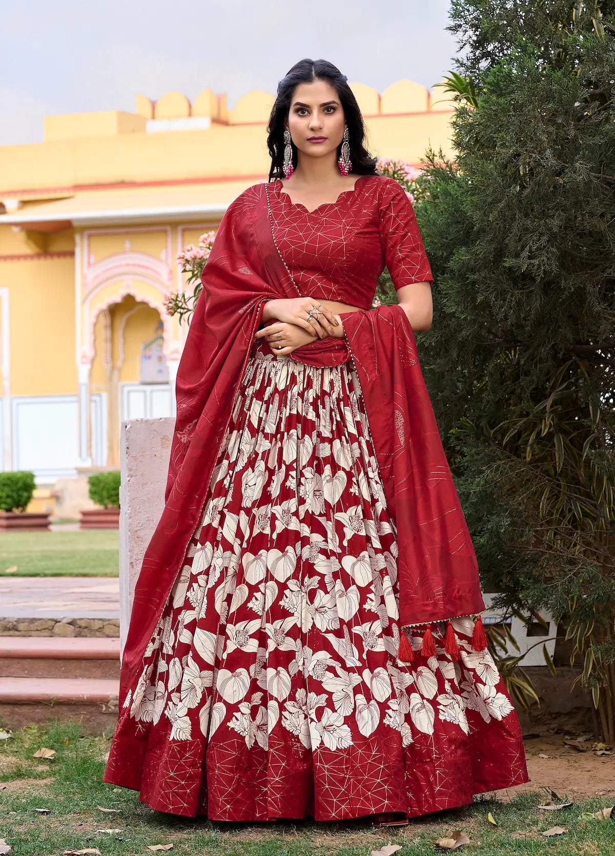 Red Tussar Silk Floral Printed Lehenga Choli | Ready To Wear - qivii