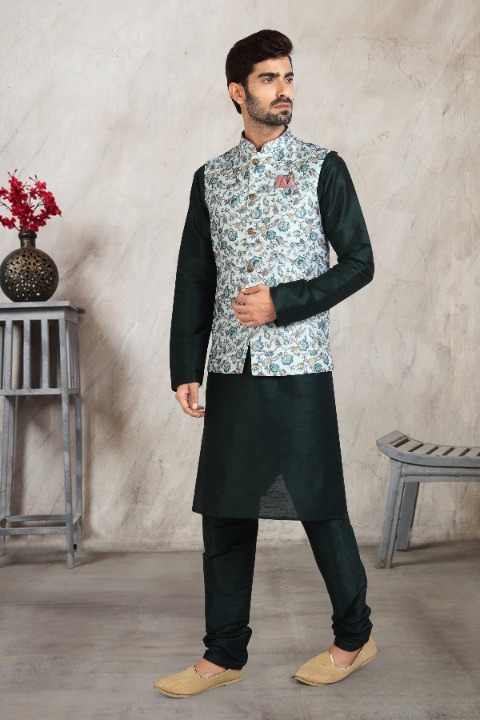 Men's Art Banarasi Silk Printed Work 3 Pics Jacket Set In Pista Green Colour