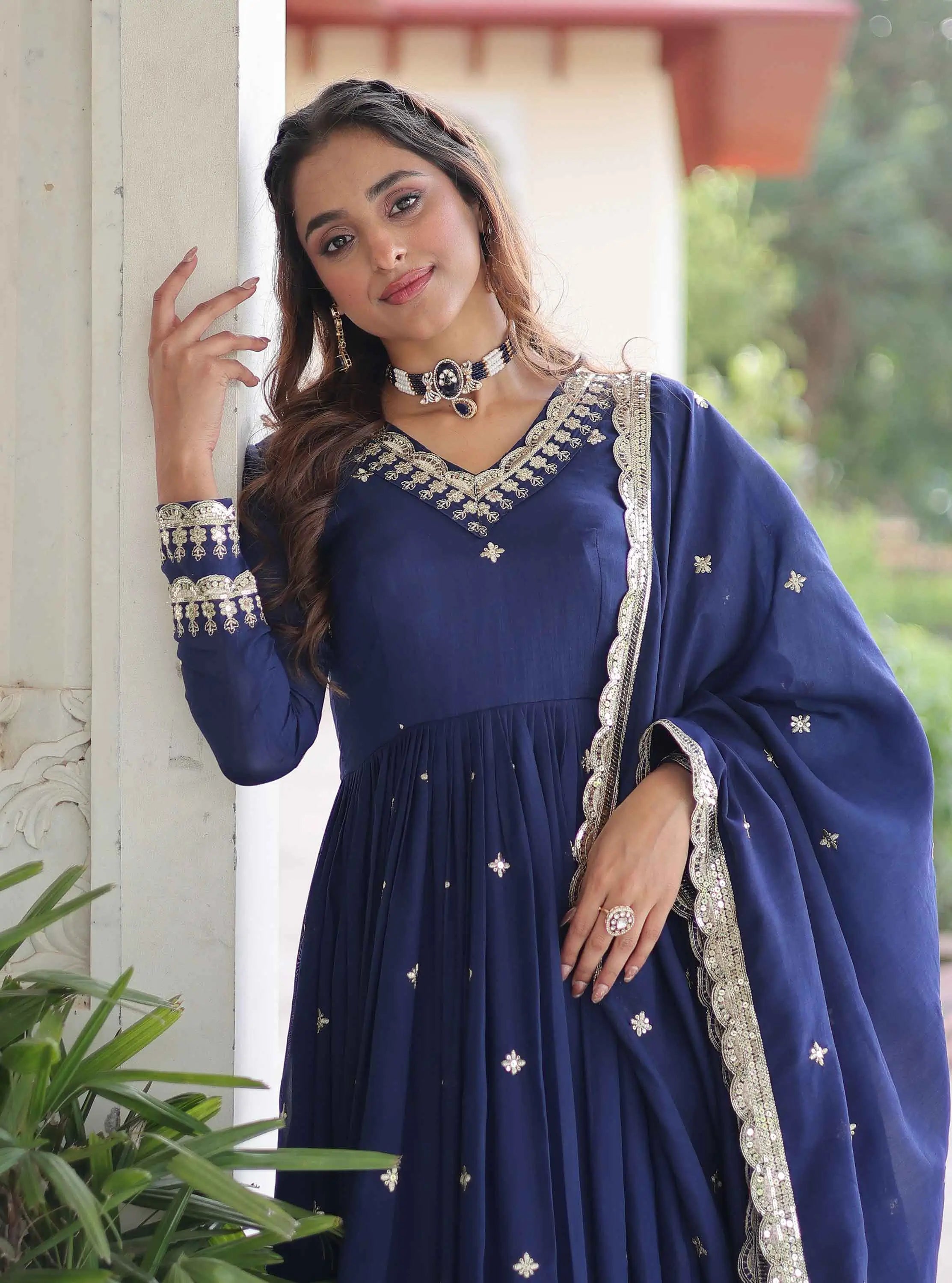 Blue Silk Gown With Embroidery Work