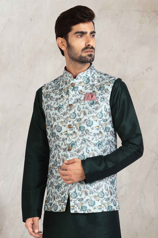 Men's Art Banarasi Silk Printed Work 3 Pics Jacket Set In Pista Green Colour