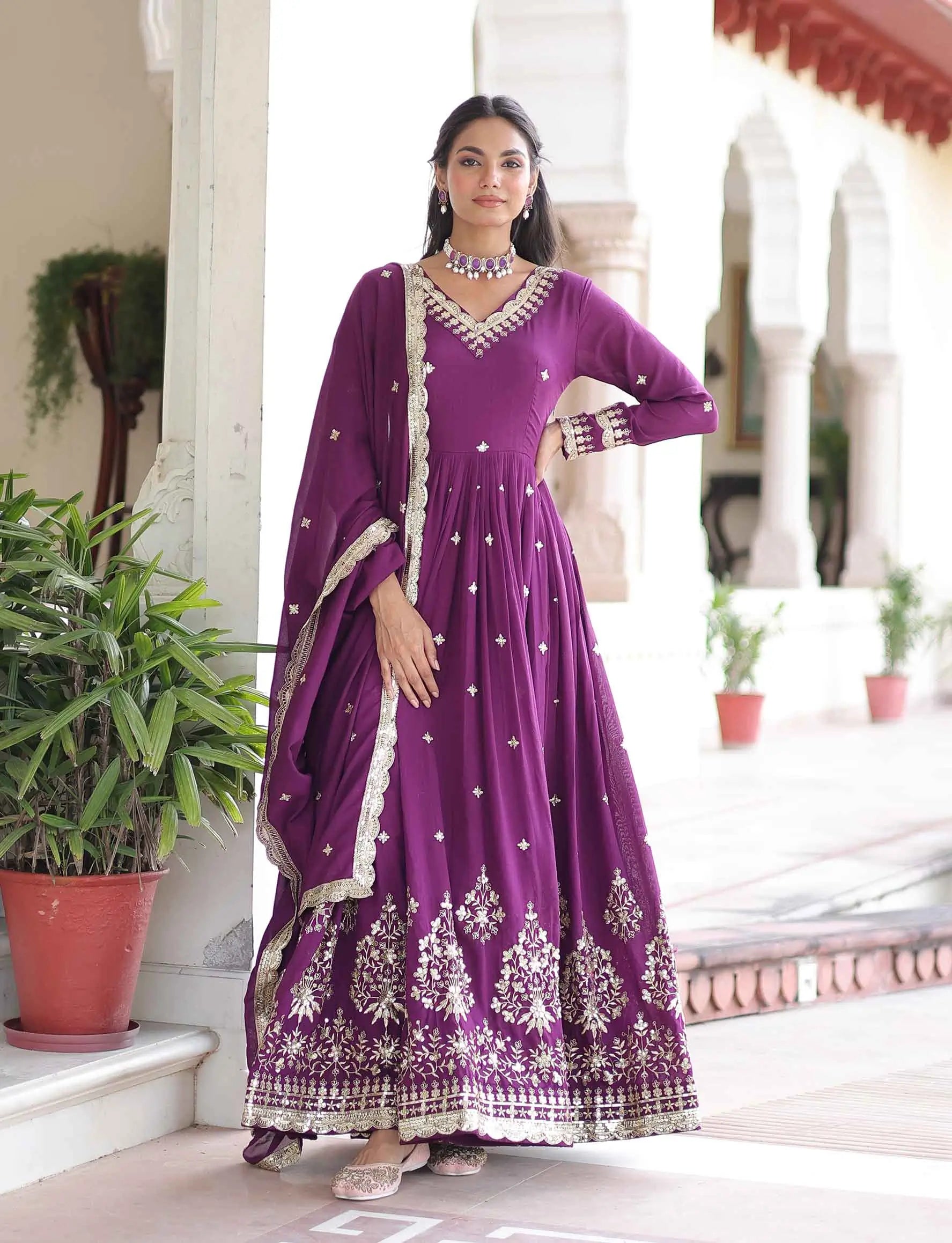 Dark Raspberry Embroidery Work Gown