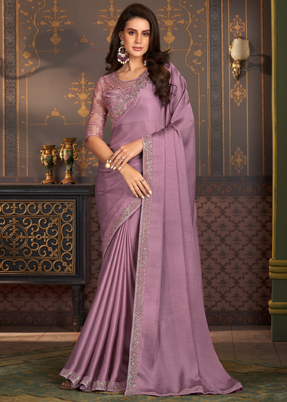 Mauve Purple Designer Embroidered Chiffon Silk Saree - qivii