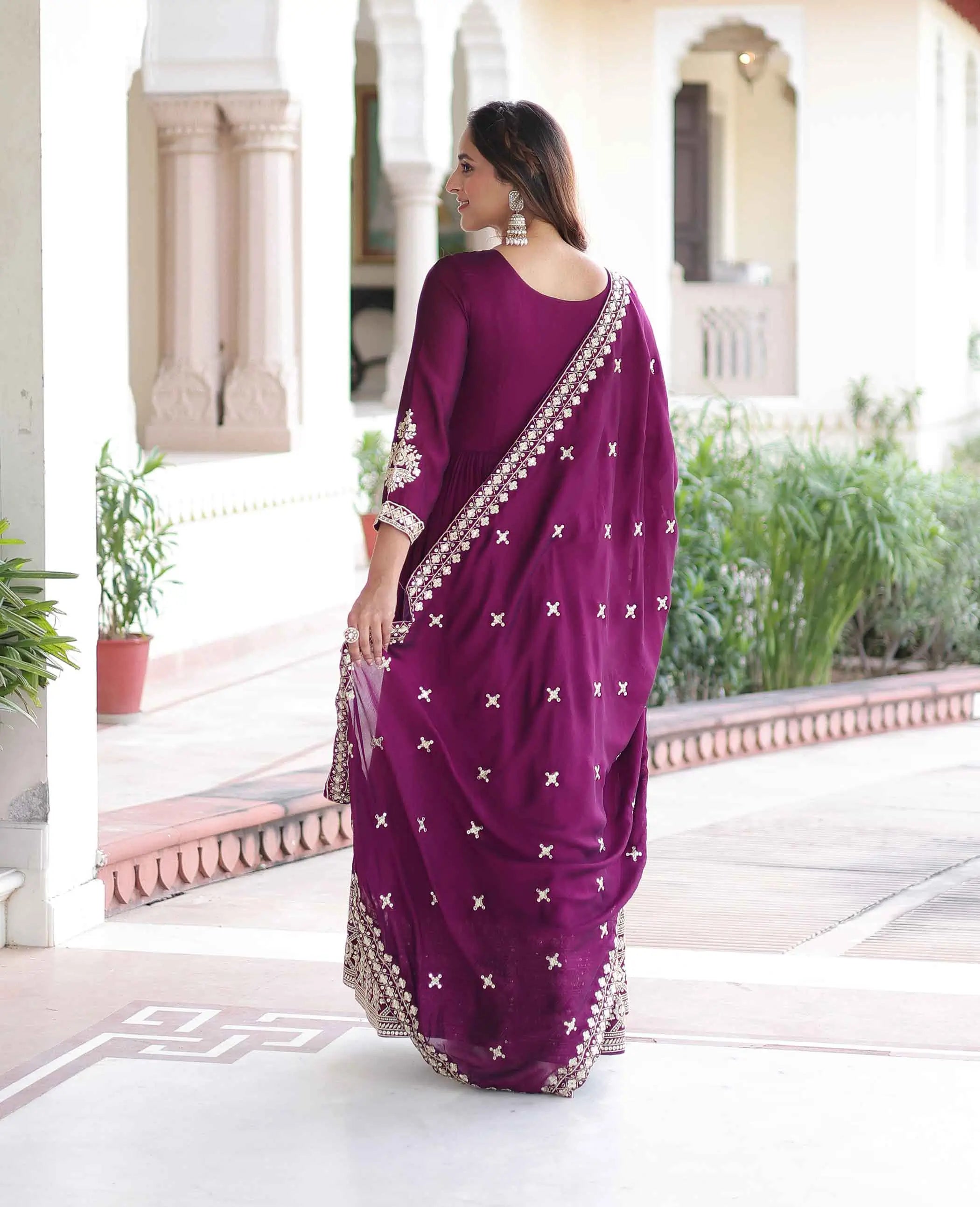 Magenta Sequins Embroidery Work Gown