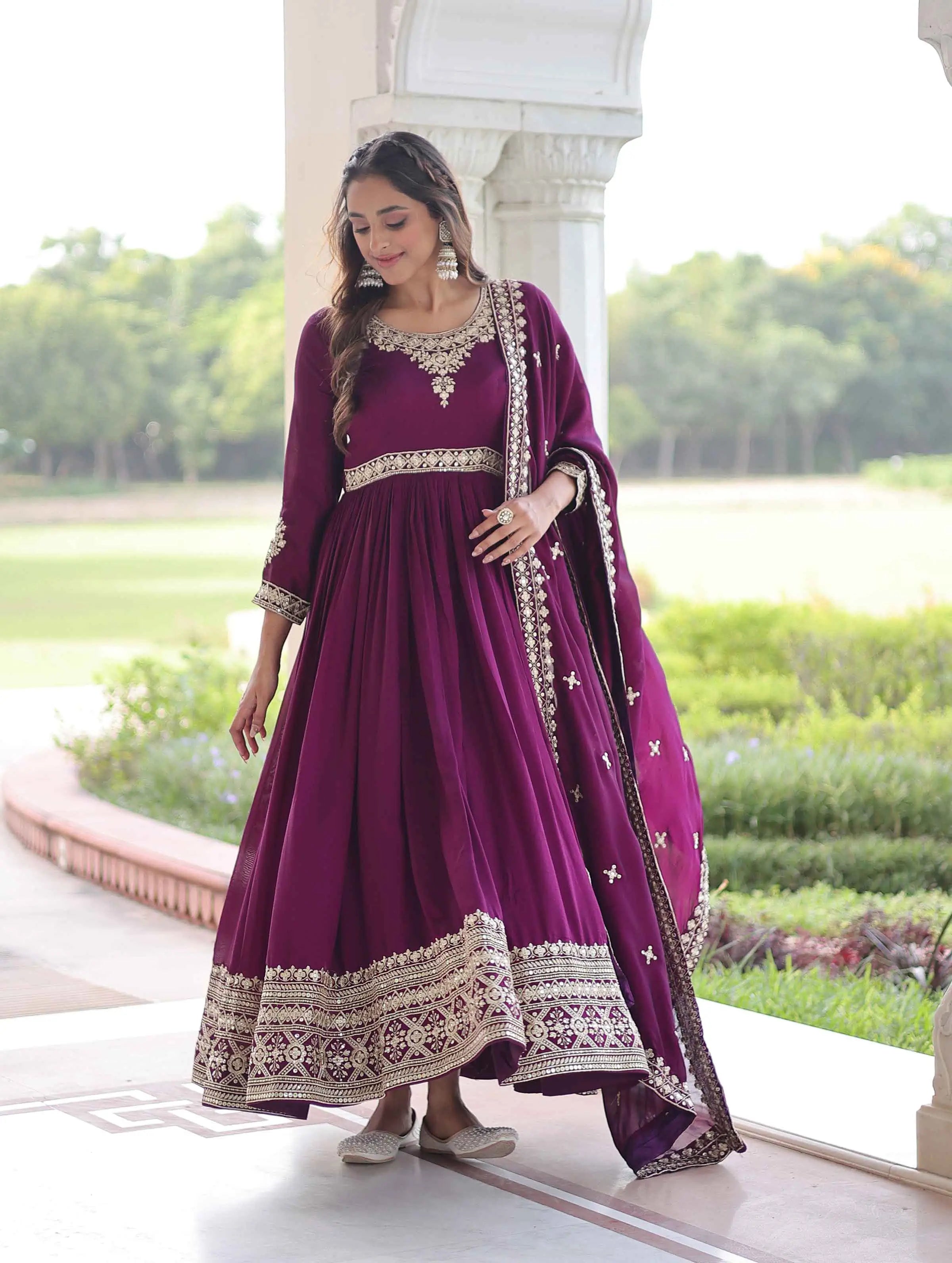 Magenta Sequins Embroidery Work Gown