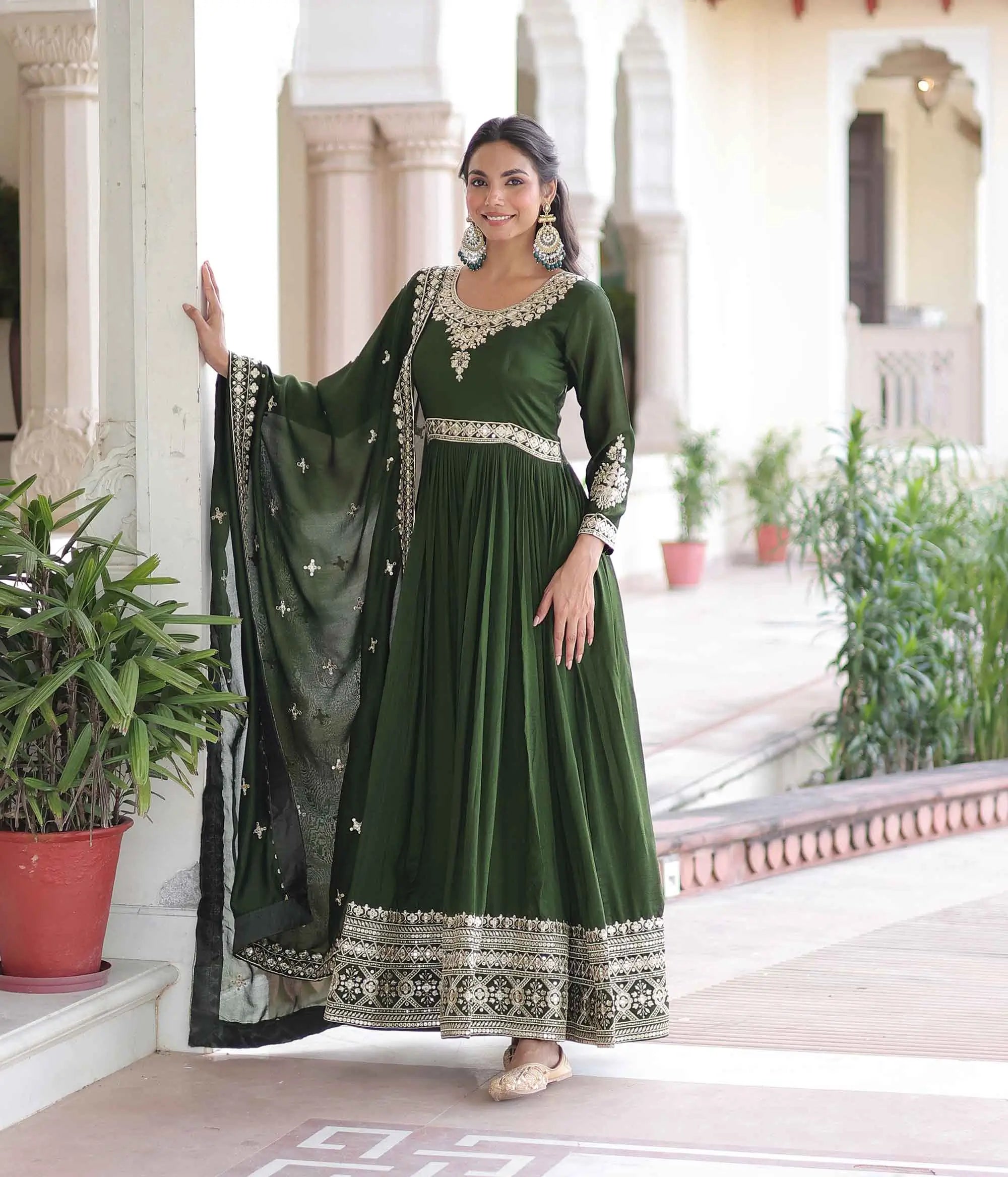 Dark Green Silk Gown With Embroidery Work