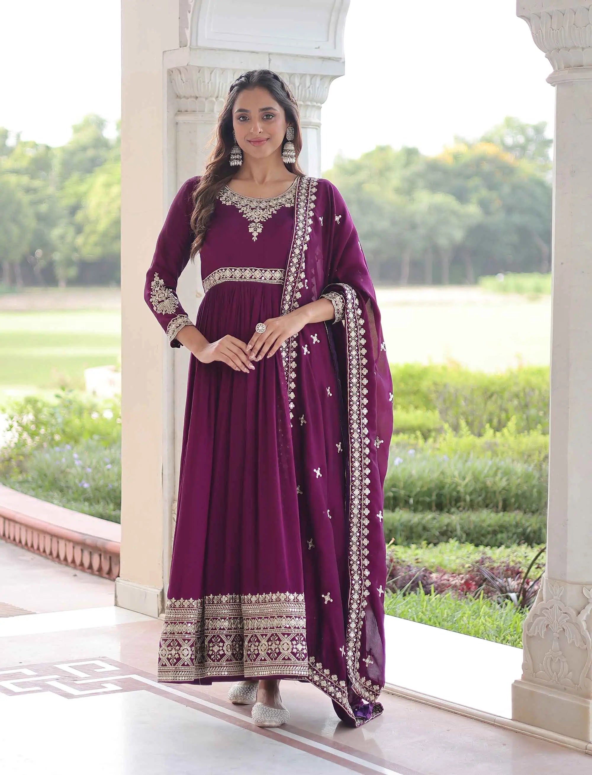 Magenta Sequins Embroidery Work Gown