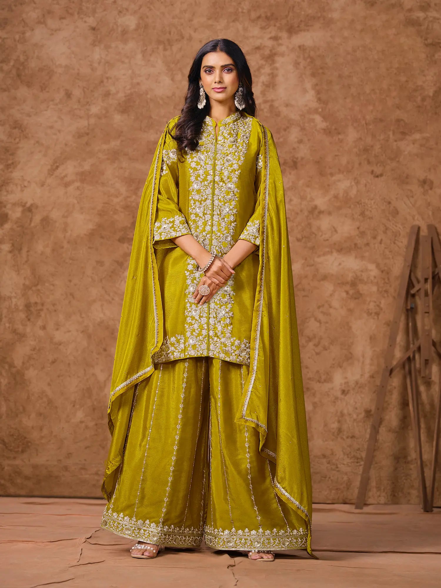 Yellow Chinon Palazzo Salwar Suit With Thread & Sequins Embroidery Work - qivii