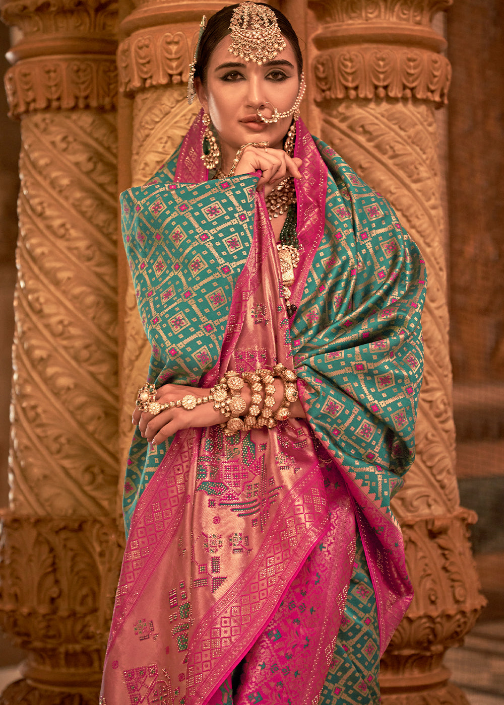 Tiffany Blue Banarasi Jacquard Silk Saree with Swarvoski work - qivii