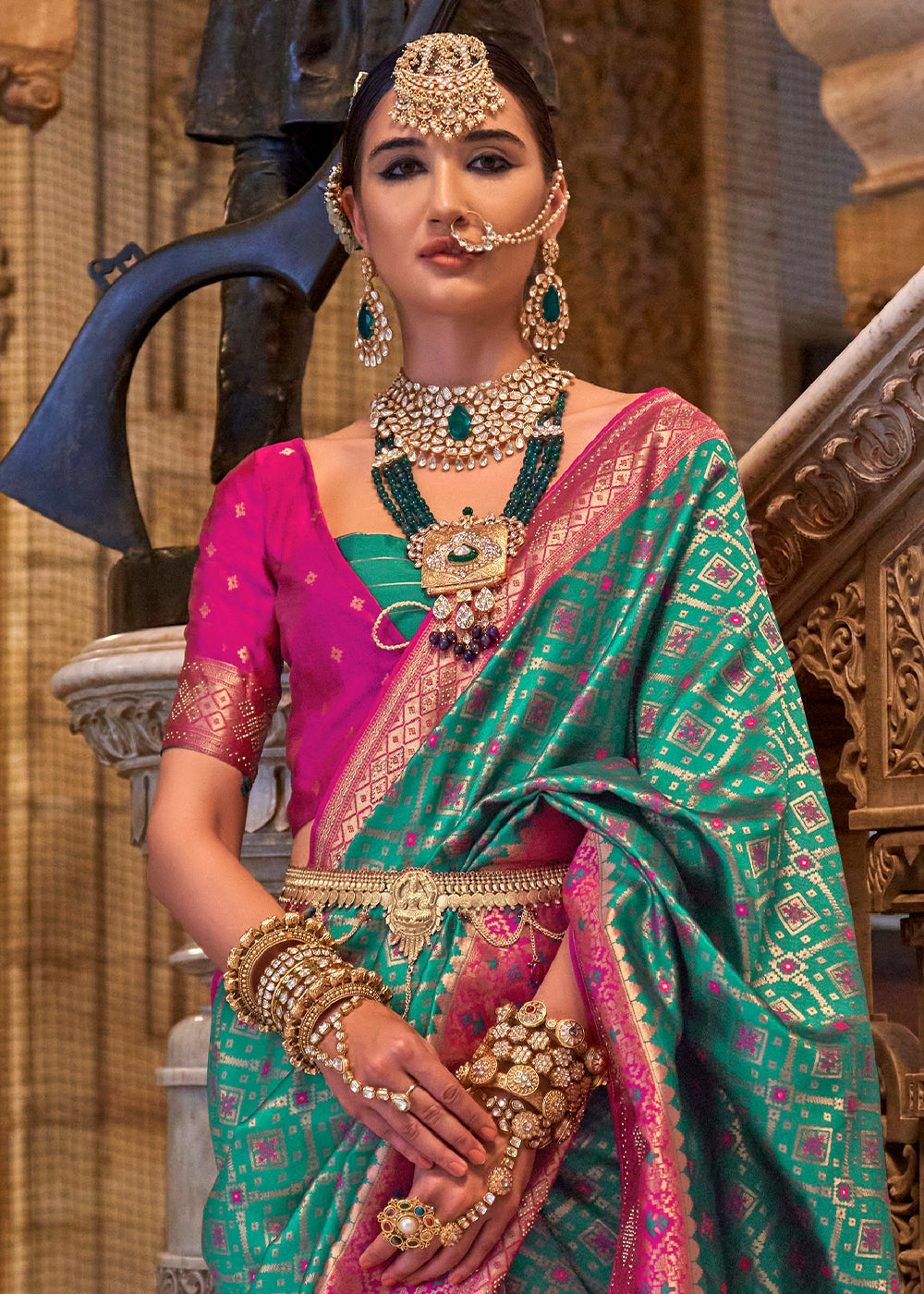 Tiffany Blue Banarasi Jacquard Silk Saree with Swarvoski work - qivii