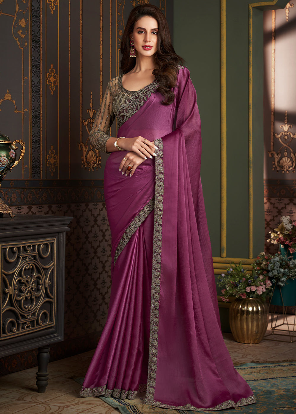 Pinkish Purple Designer Embroidered Chiffon Silk Saree - qivii