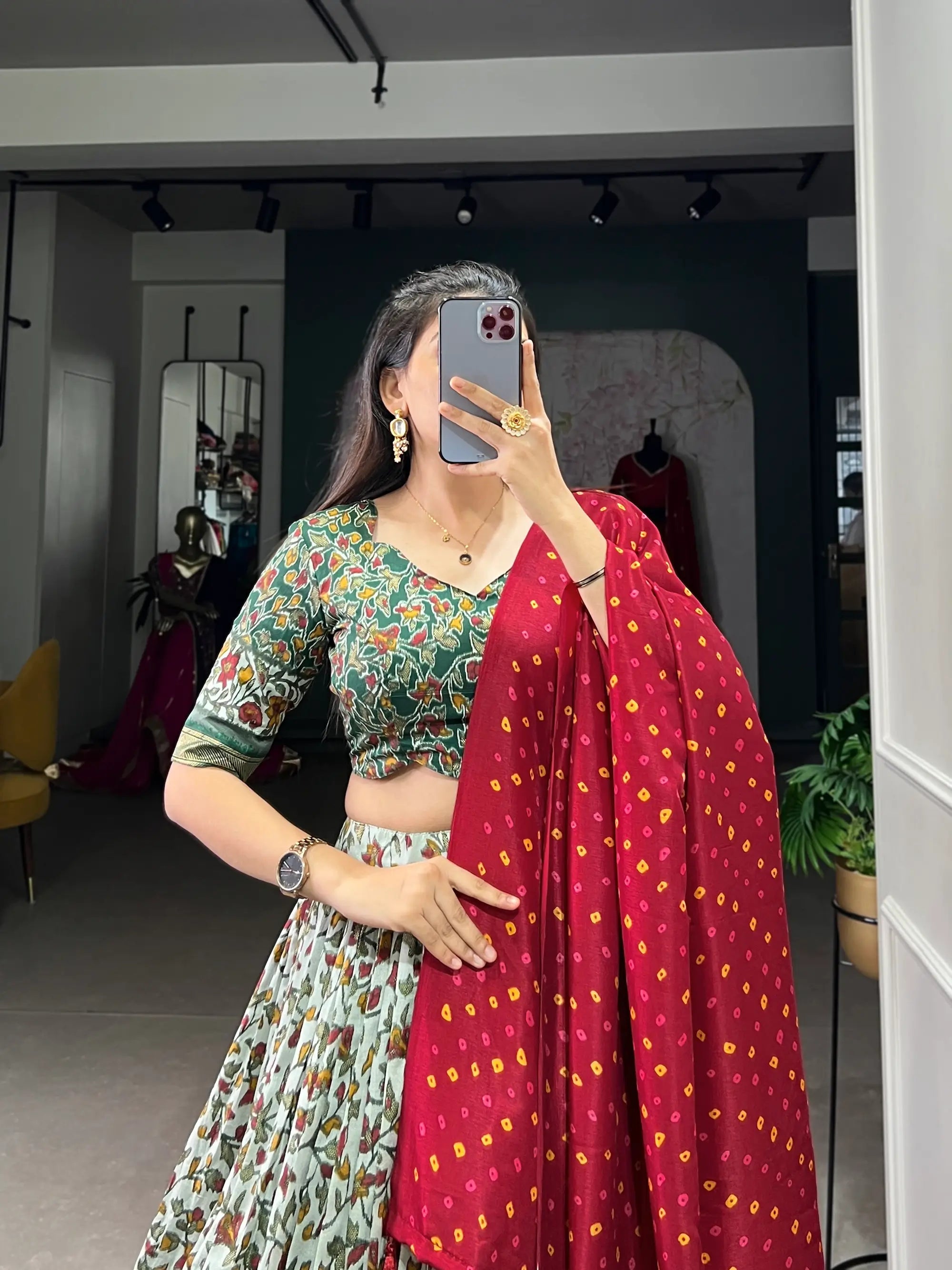 Green Floral Printed Tussar silk Lehenga choli | Ready To Wear - qivii