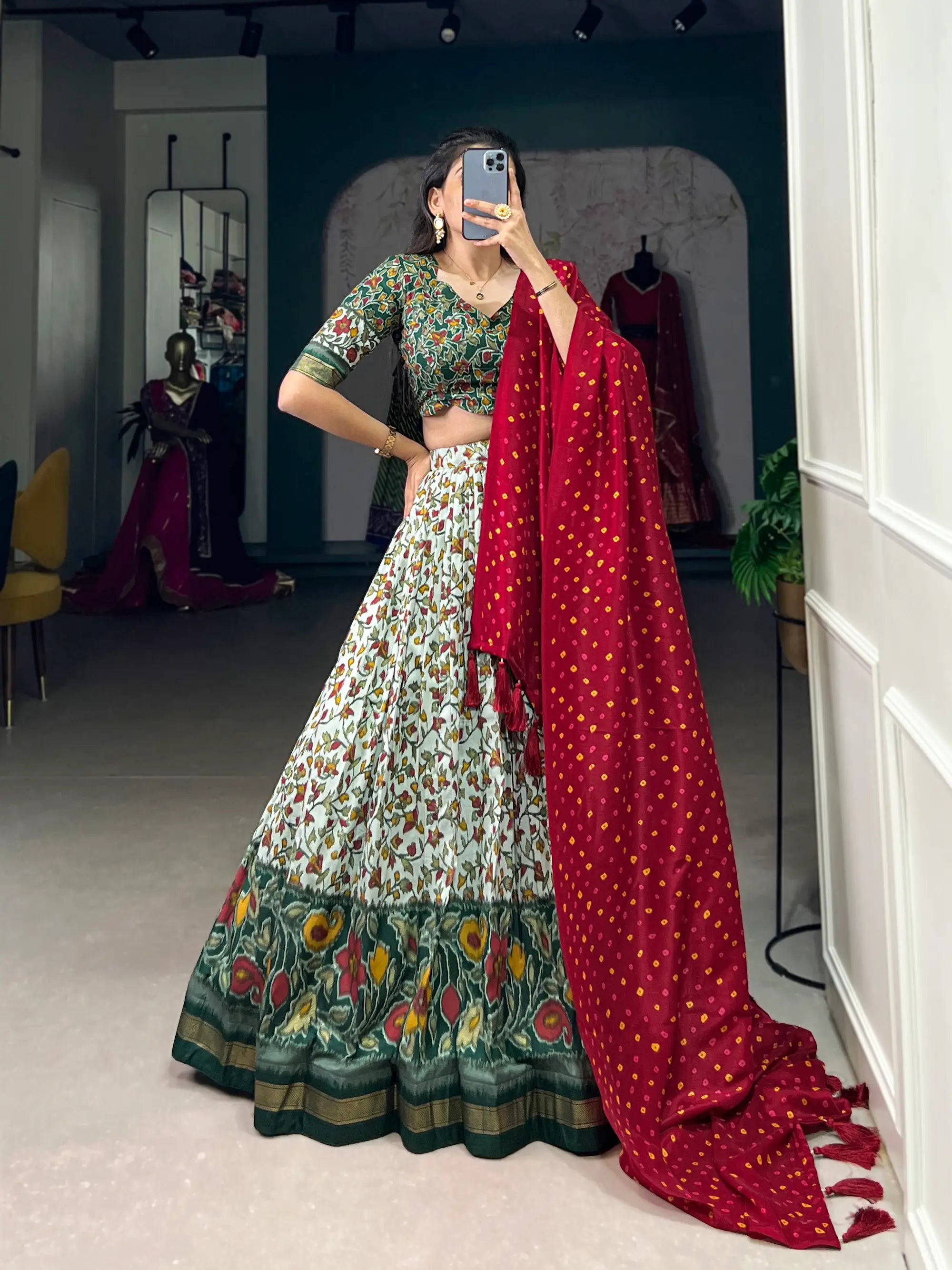 Green Floral Printed Tussar silk Lehenga choli | Ready To Wear - qivii