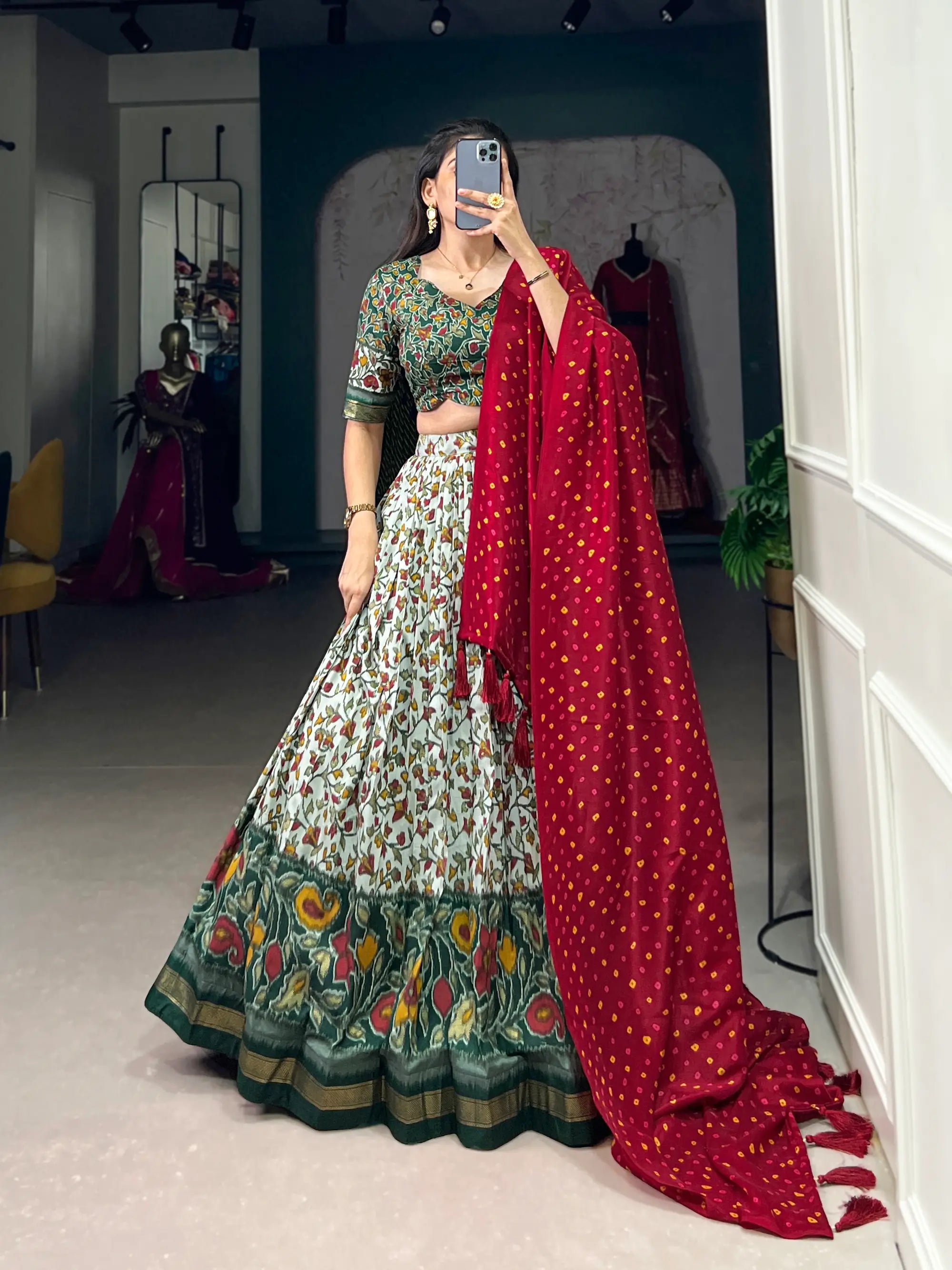 Green Floral Printed Tussar silk Lehenga choli | Ready To Wear - qivii
