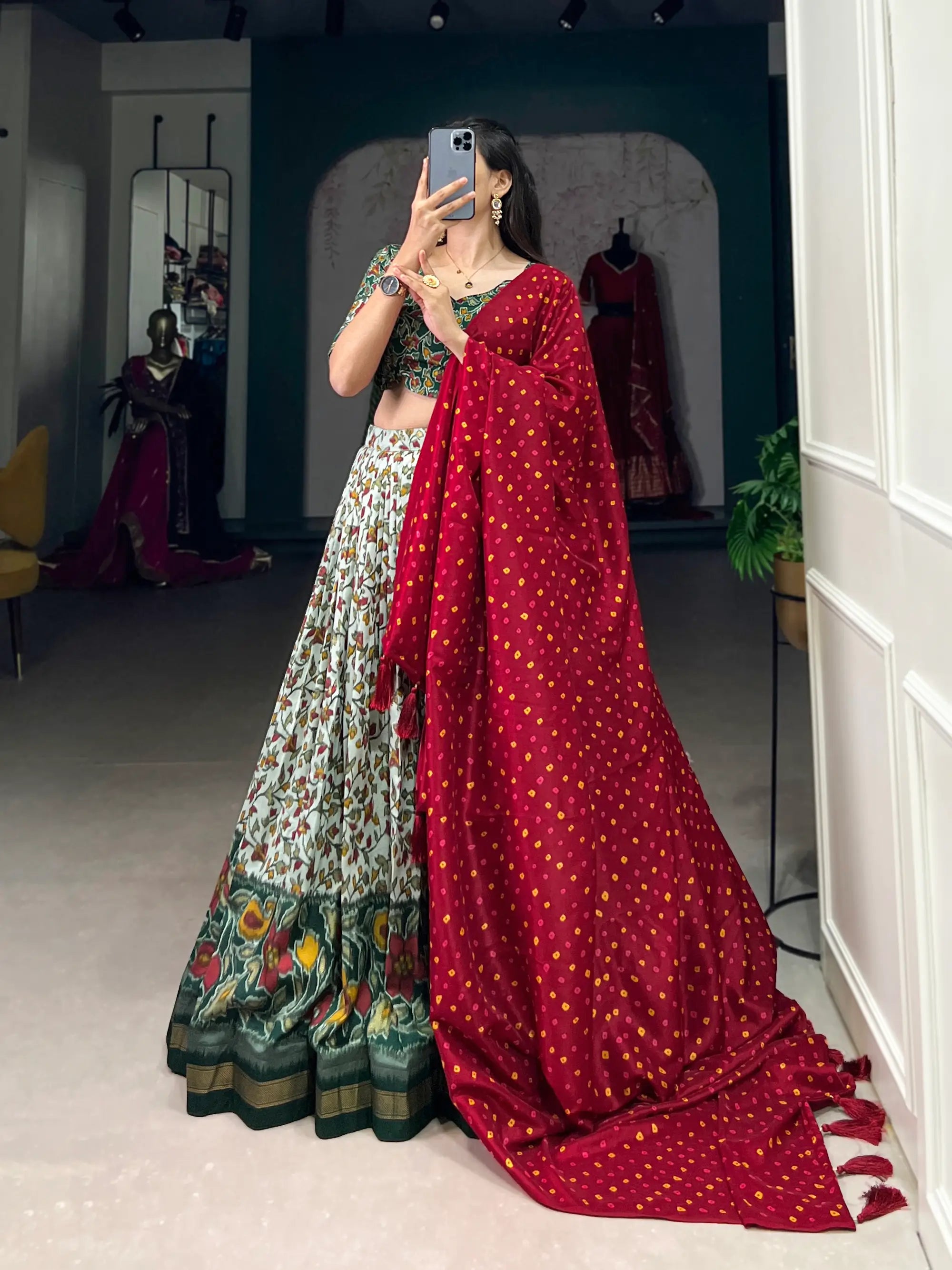 Green Floral Printed Tussar silk Lehenga choli | Ready To Wear - qivii