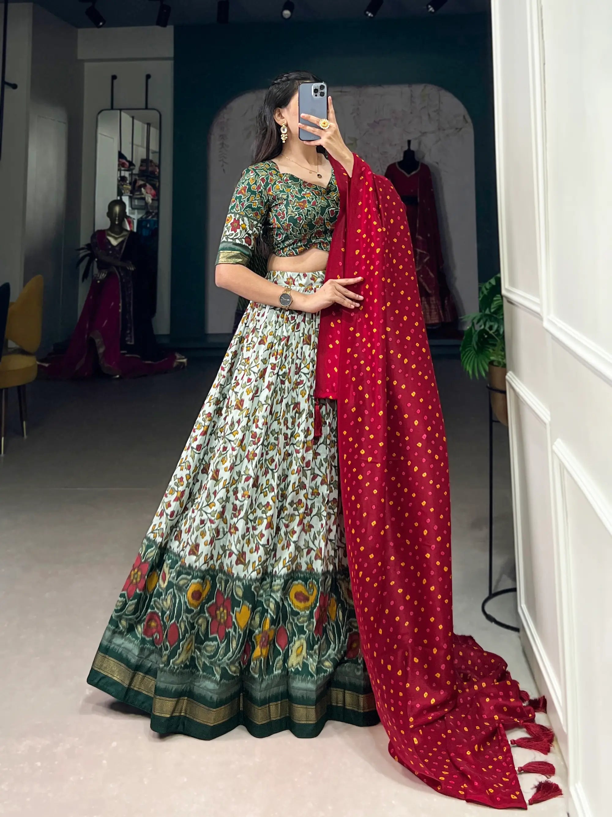 Green Floral Printed Tussar silk Lehenga choli | Ready To Wear - qivii