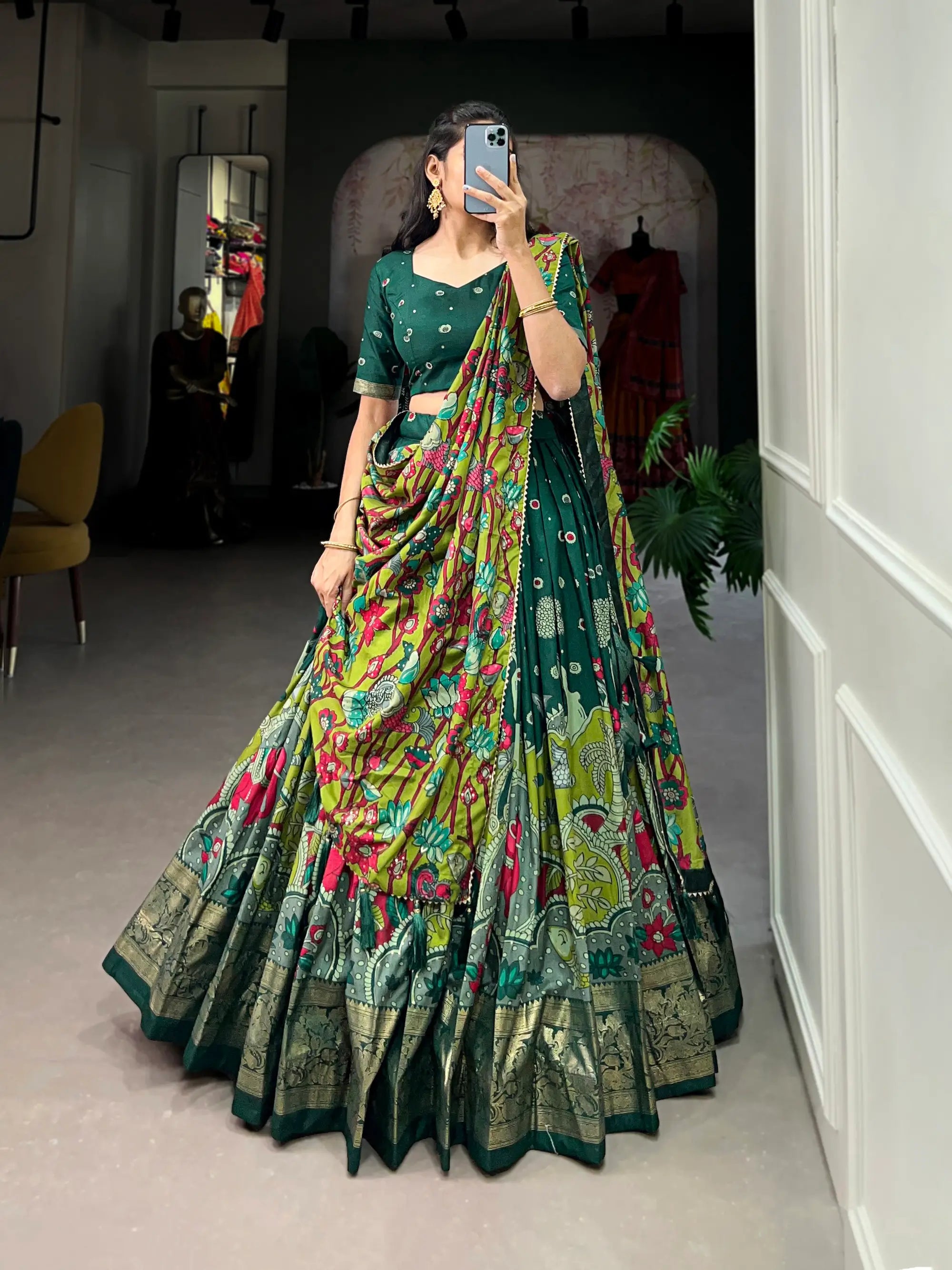 Green Tussar Silk Kalamkari Printed Lehenga Choli | Ready To Wear - qivii