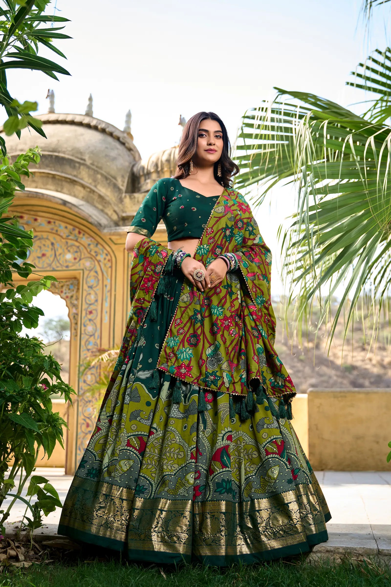 Green Tussar Silk Kalamkari Printed Lehenga Choli | Ready To Wear - qivii