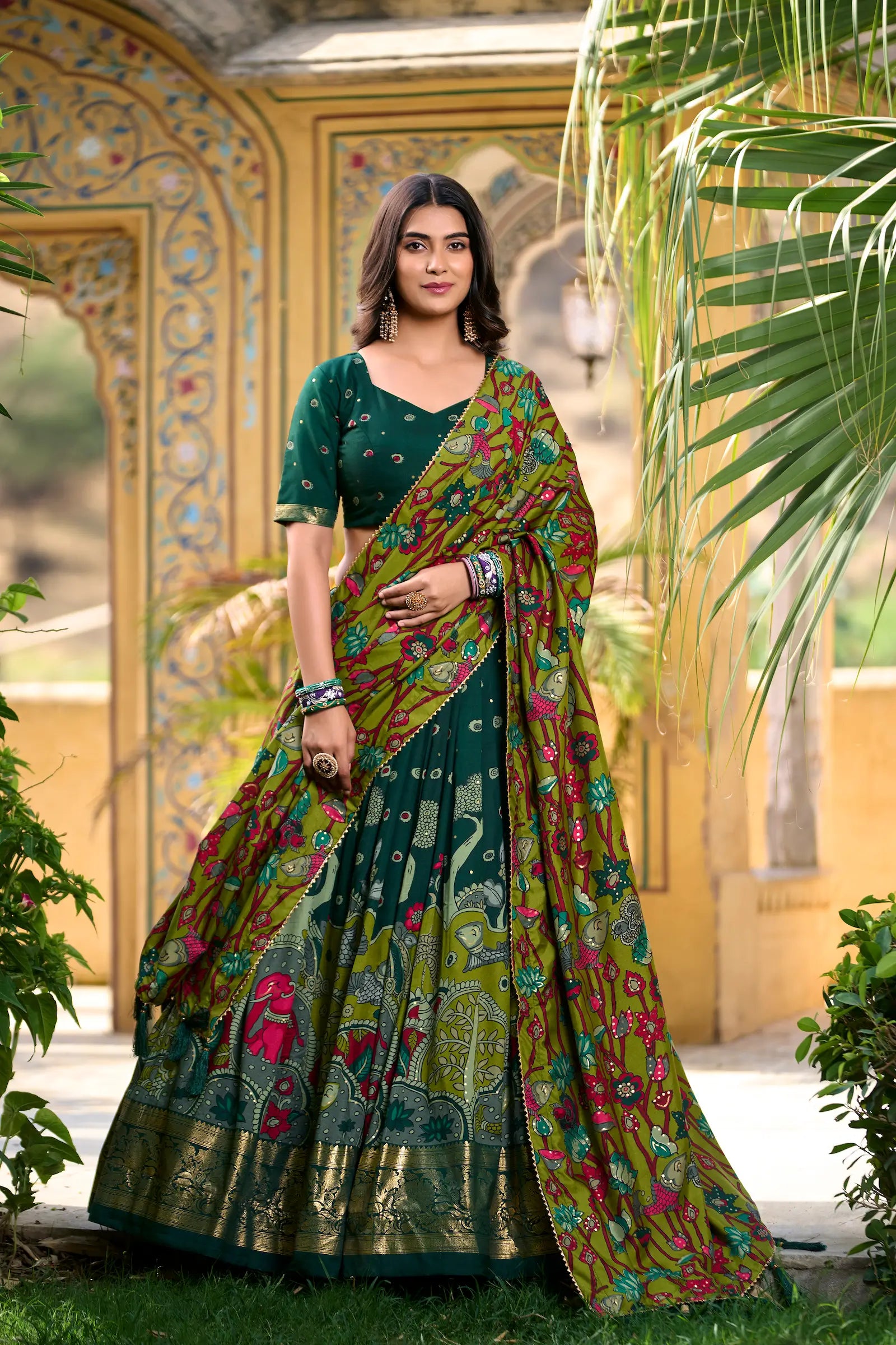 Green Tussar Silk Kalamkari Printed Lehenga Choli | Ready To Wear - qivii