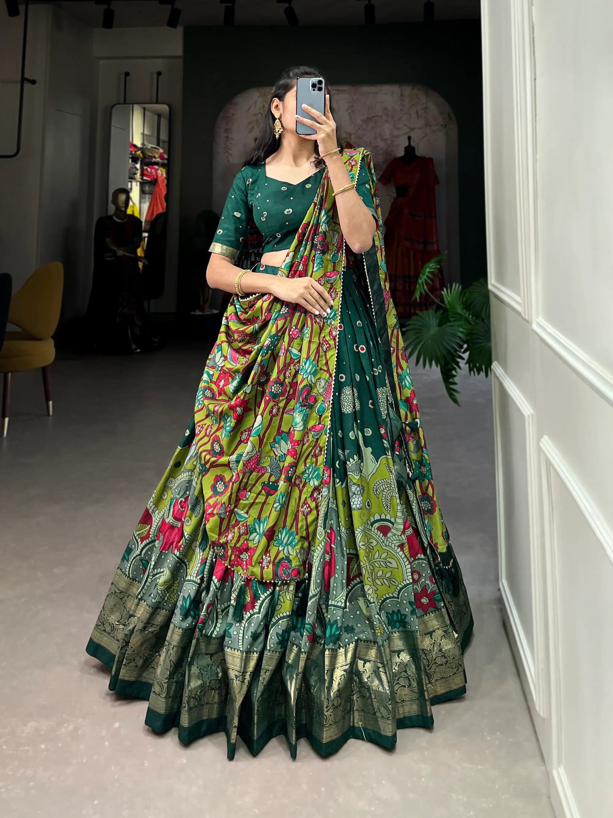 Green Tussar Silk Kalamkari Printed Lehenga Choli | Ready To Wear - qivii