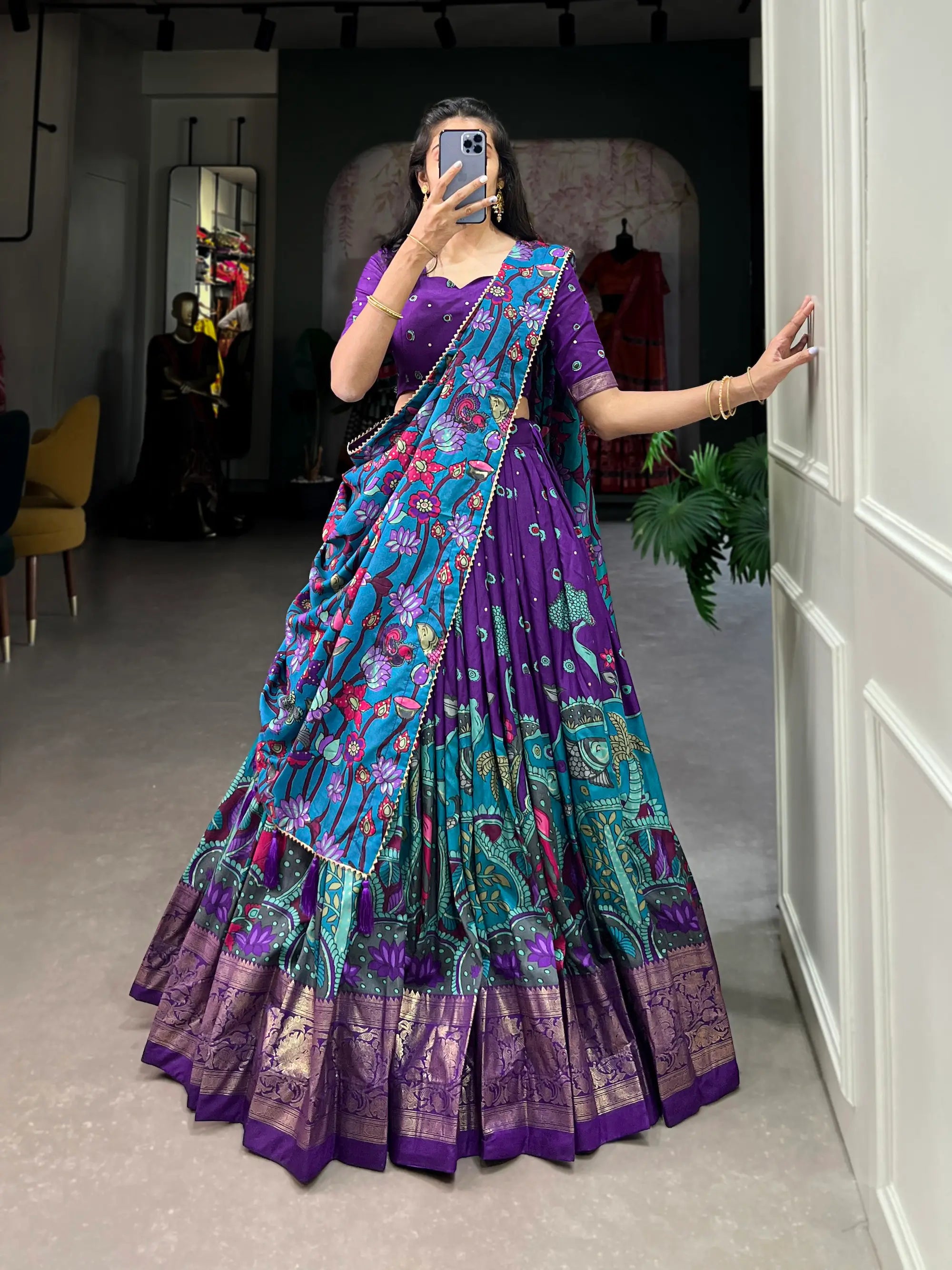 Purple Tussar Silk Kalamkari Printed Lehenga Choli | Ready To Wear - qivii