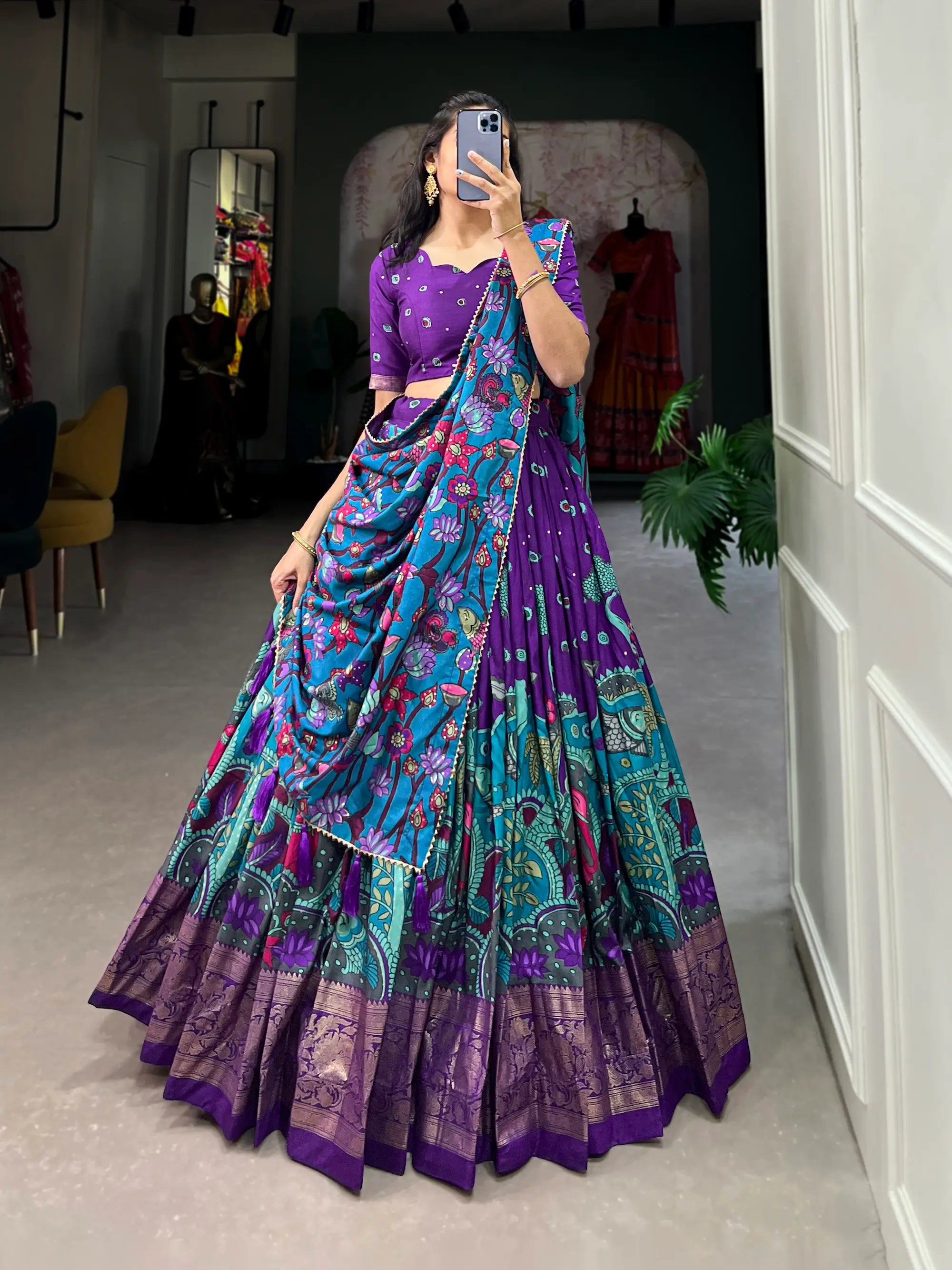 Purple Tussar Silk Kalamkari Printed Lehenga Choli | Ready To Wear - qivii