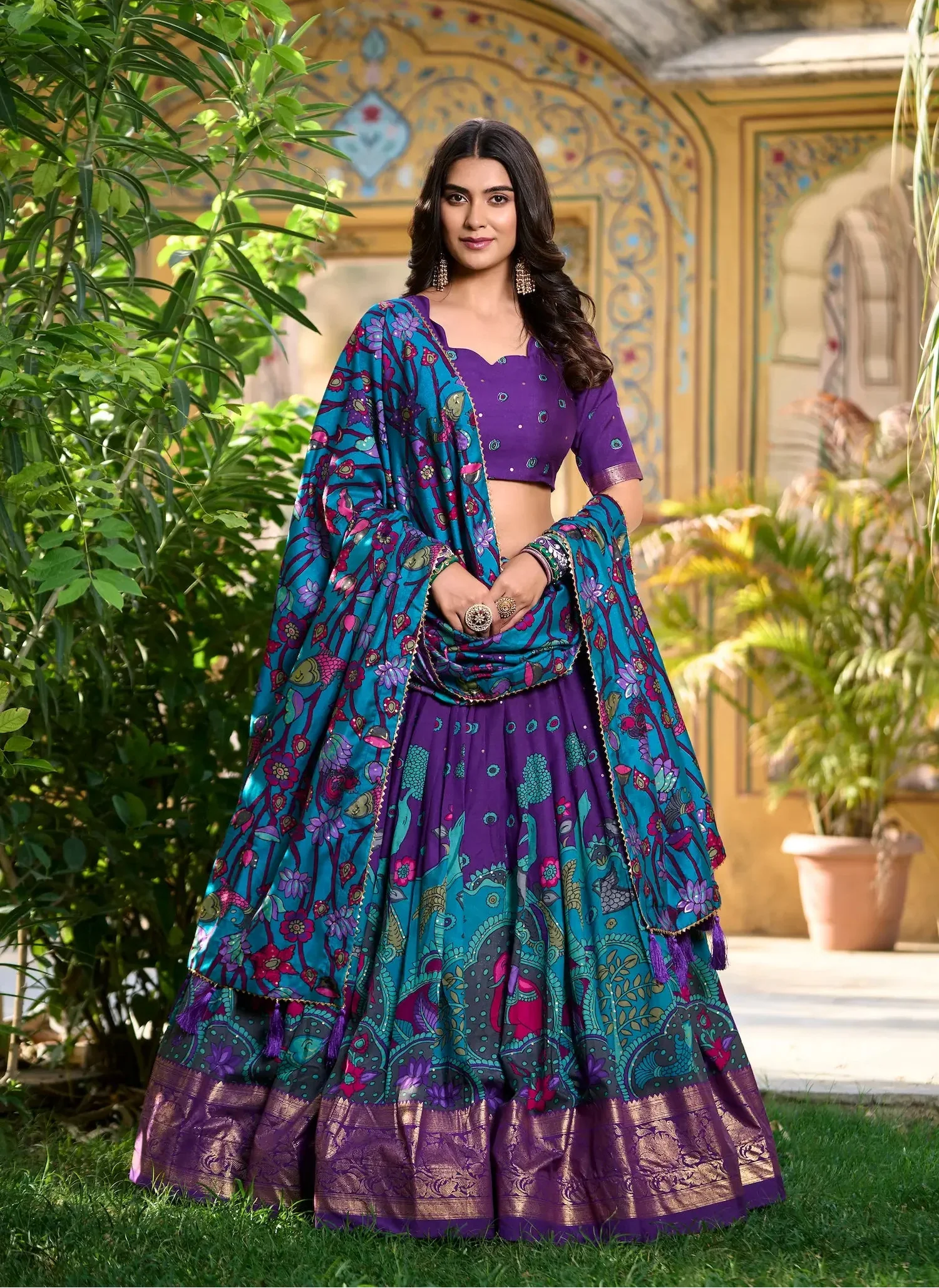 Purple Tussar Silk Kalamkari Printed Lehenga Choli | Ready To Wear - qivii